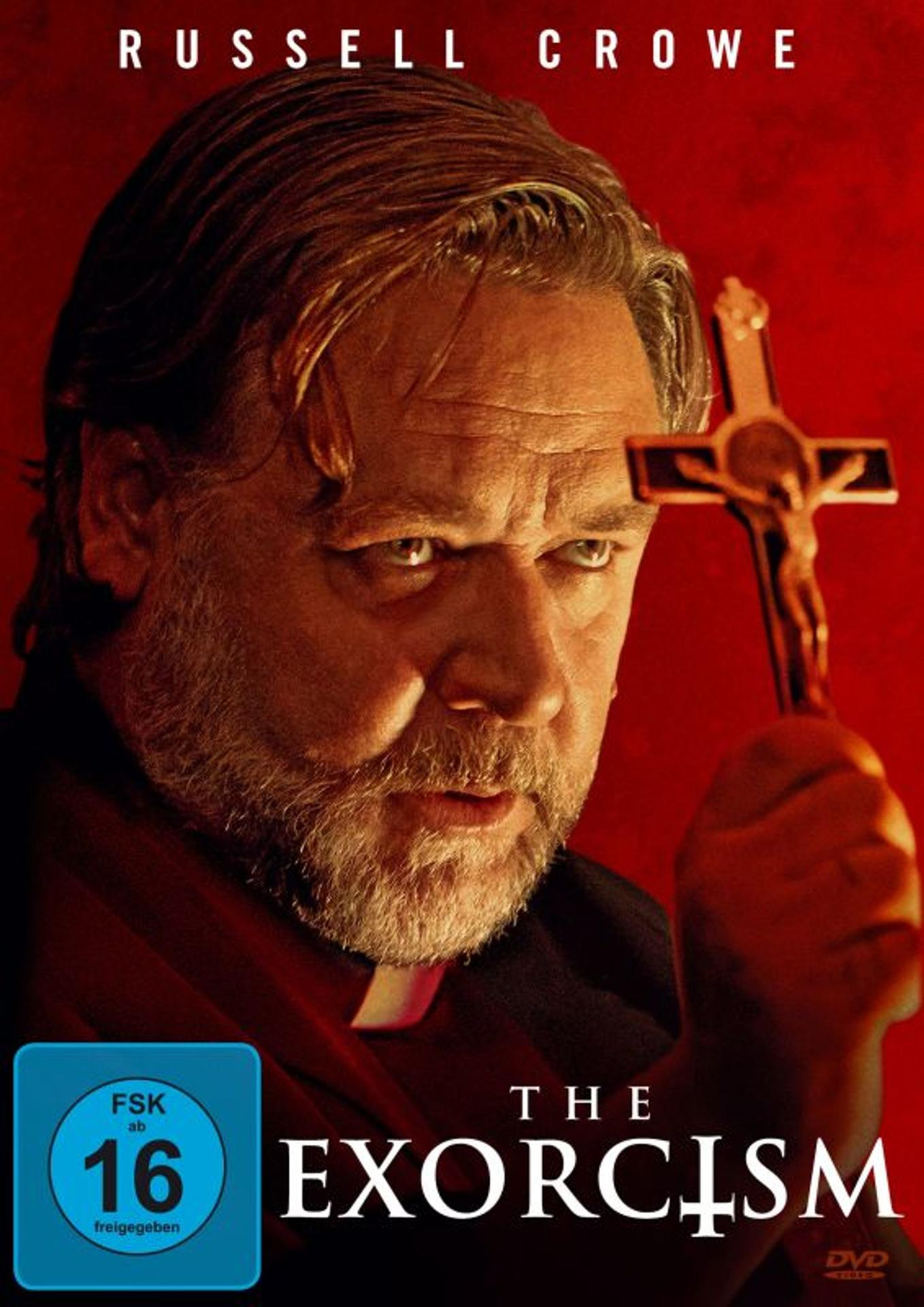 Filmposter für 'The Exorcism' mit Russell Crowe, mit rotem Hintergrund.