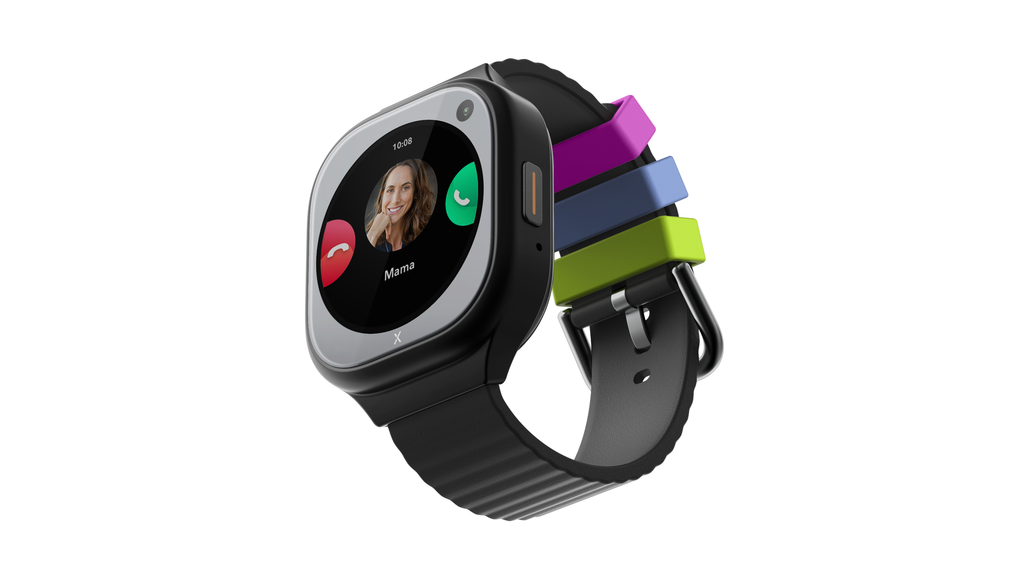 Eine Smartwatch, die das Gesicht einer Frau auf dem Bildschirm und eine Anrufoberfläche zeigt.