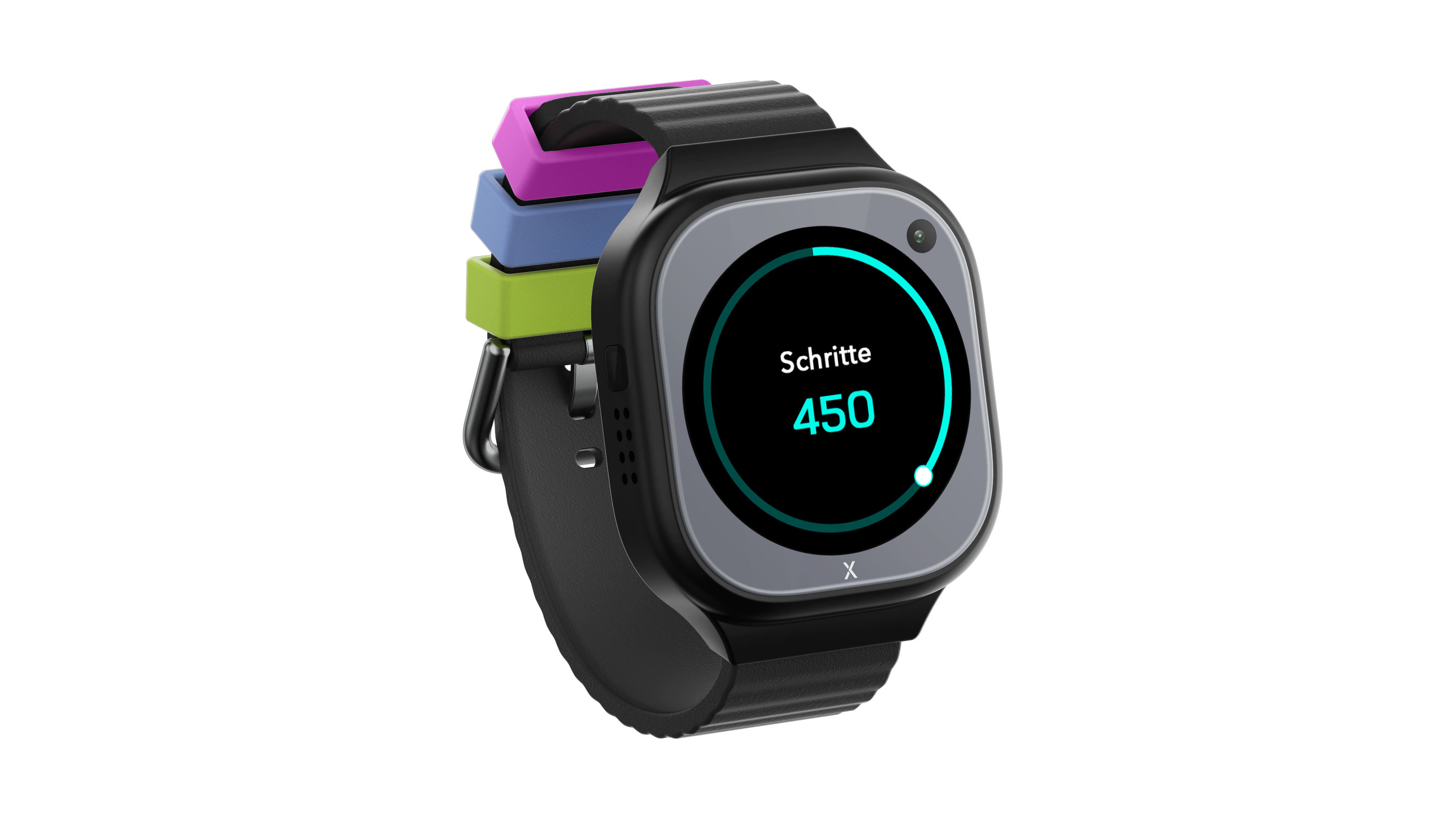 Eine schwarze Smartwatch mit farbigem Armband, die die Anzahl der Schritte anzeigt.