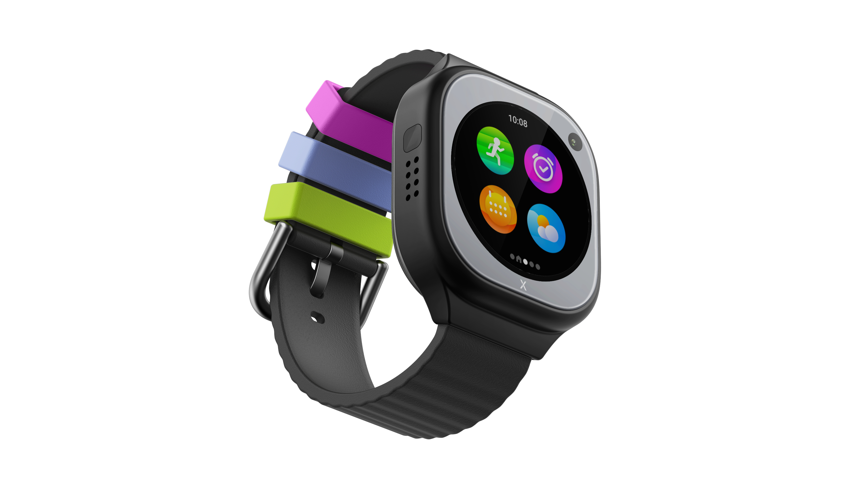 Eine Smartwatch mit buntem Armband und Oberfläche. Sie hat einen schwarzen Bildschirm und einen grauen Rahmen.