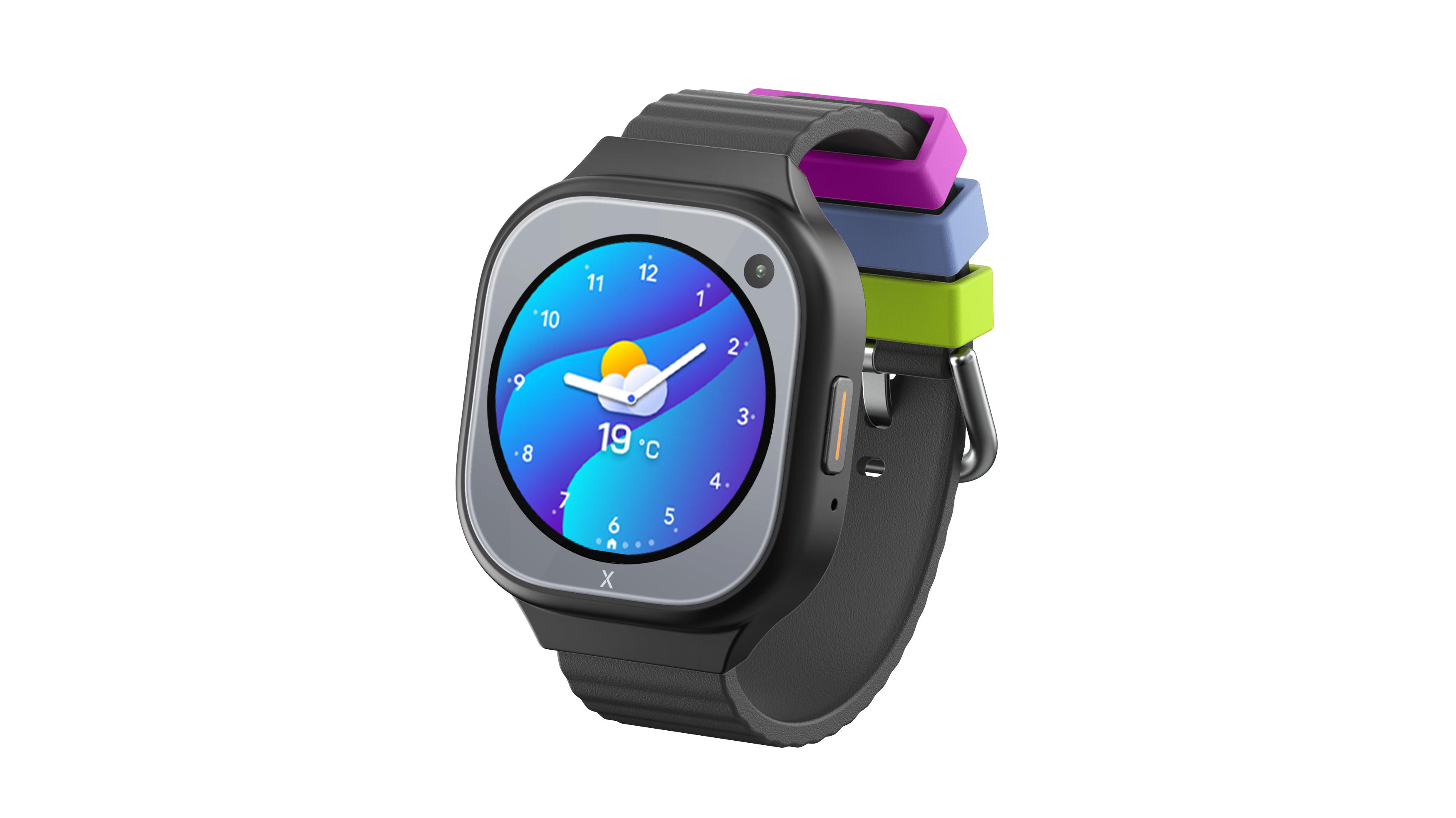 Smartwatch mit schwarzem Armband und bunten Akzentbändern, die eine Wetteroberfläche anzeigen.