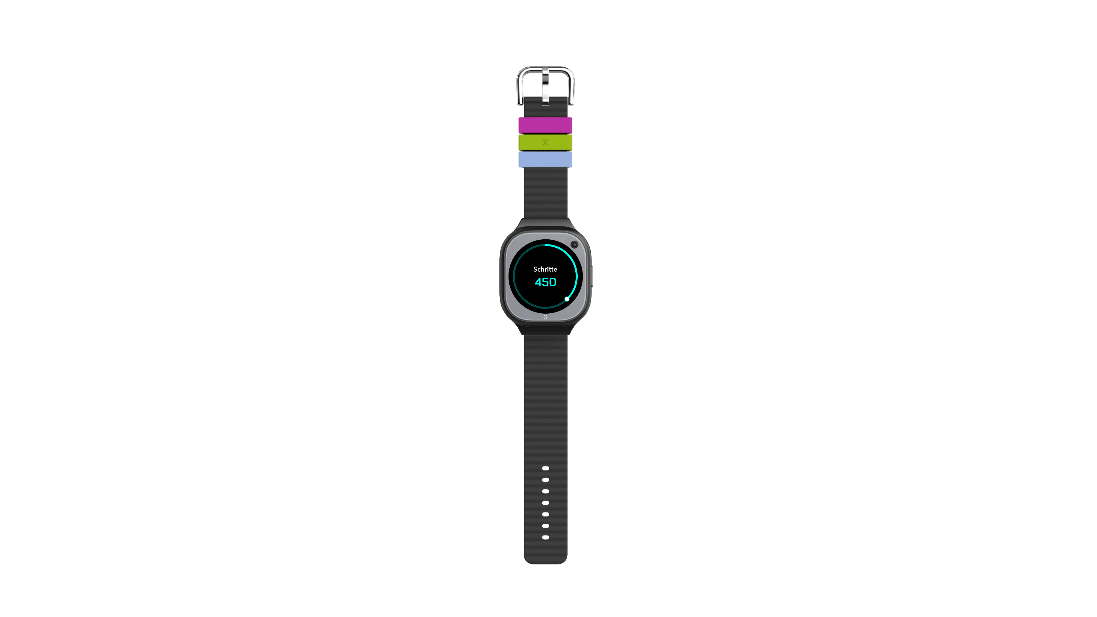 Eine schwarze Smartwatch mit buntem Armband und einem Bildschirm mit der Zahl 450.
