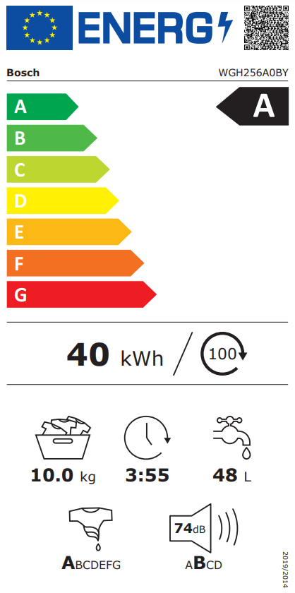 Energia címke a mosógép besorolásával. Energia felhasználást és egyéb adatokat mutat.