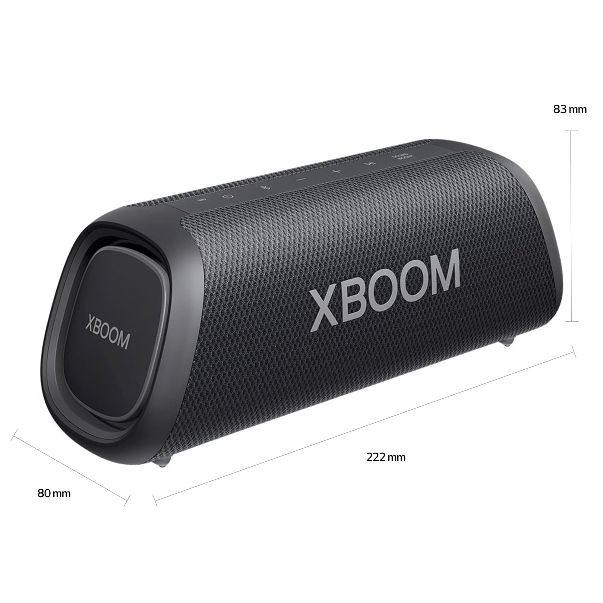 Altavoz XBOOM negro. Dimensiones: 222 mm de largo y 80 mm y 83 mm de alto.