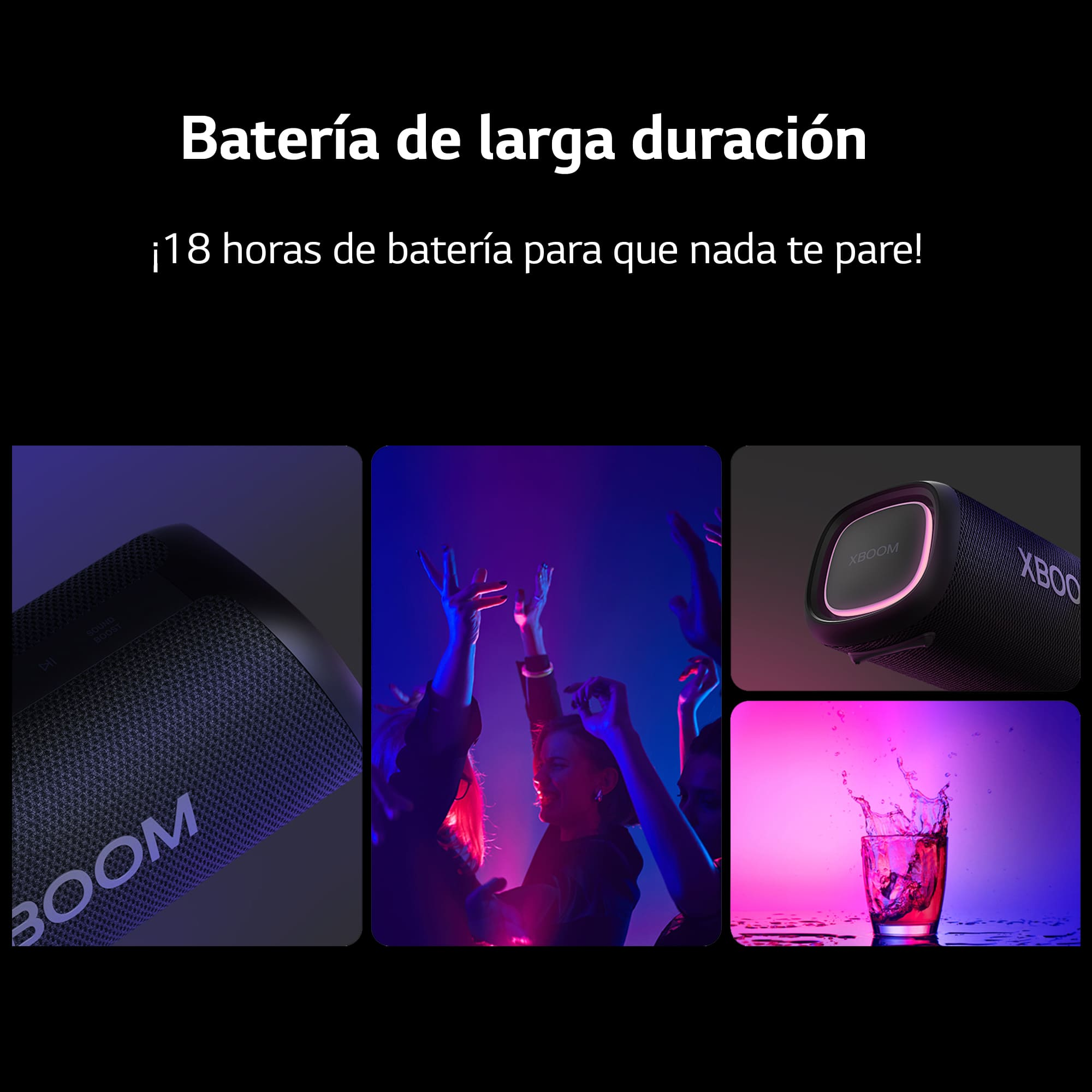 Un altavoz con la palabra BOOM y gente bailando en el fondo.