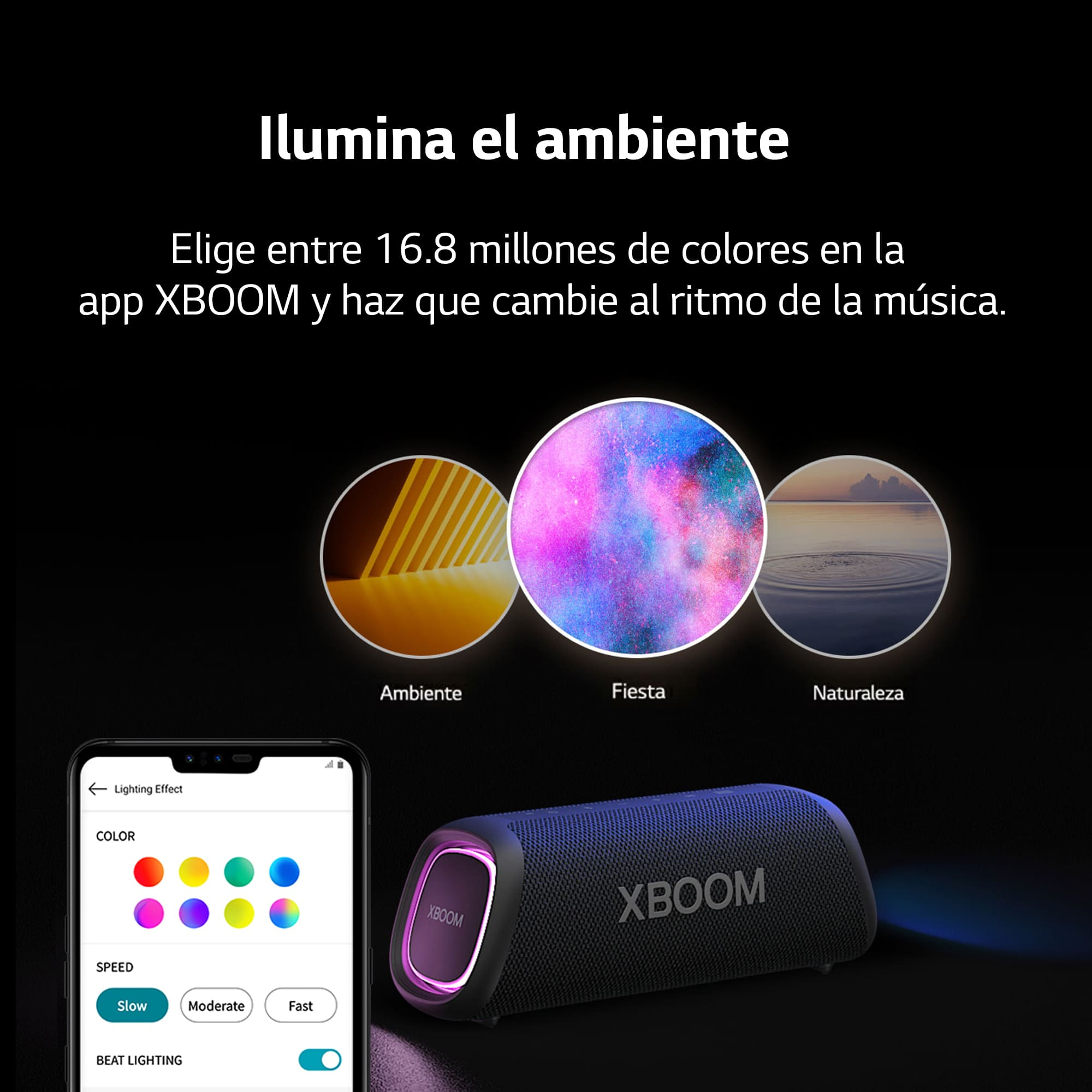 Altavoz con luz rosa, interfaz de la app en el teléfono e imágenes abstractas. Texto: XBOOM.