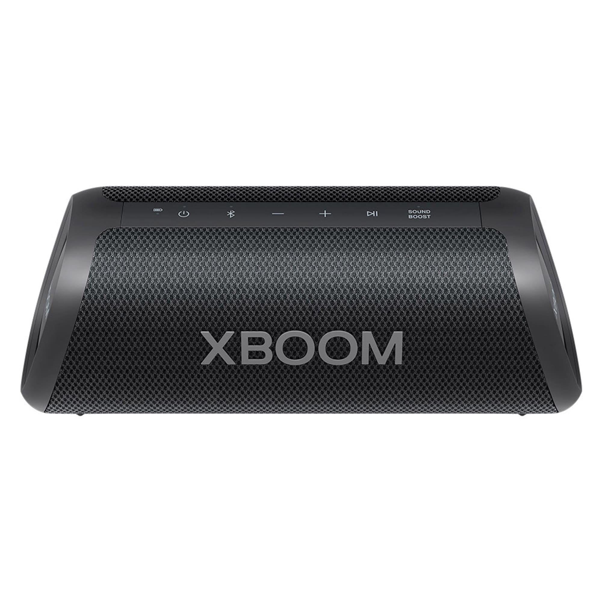 Altavoz XBOOM negro. Tiene botones de control en la parte superior y el logo XBOOM es visible.
