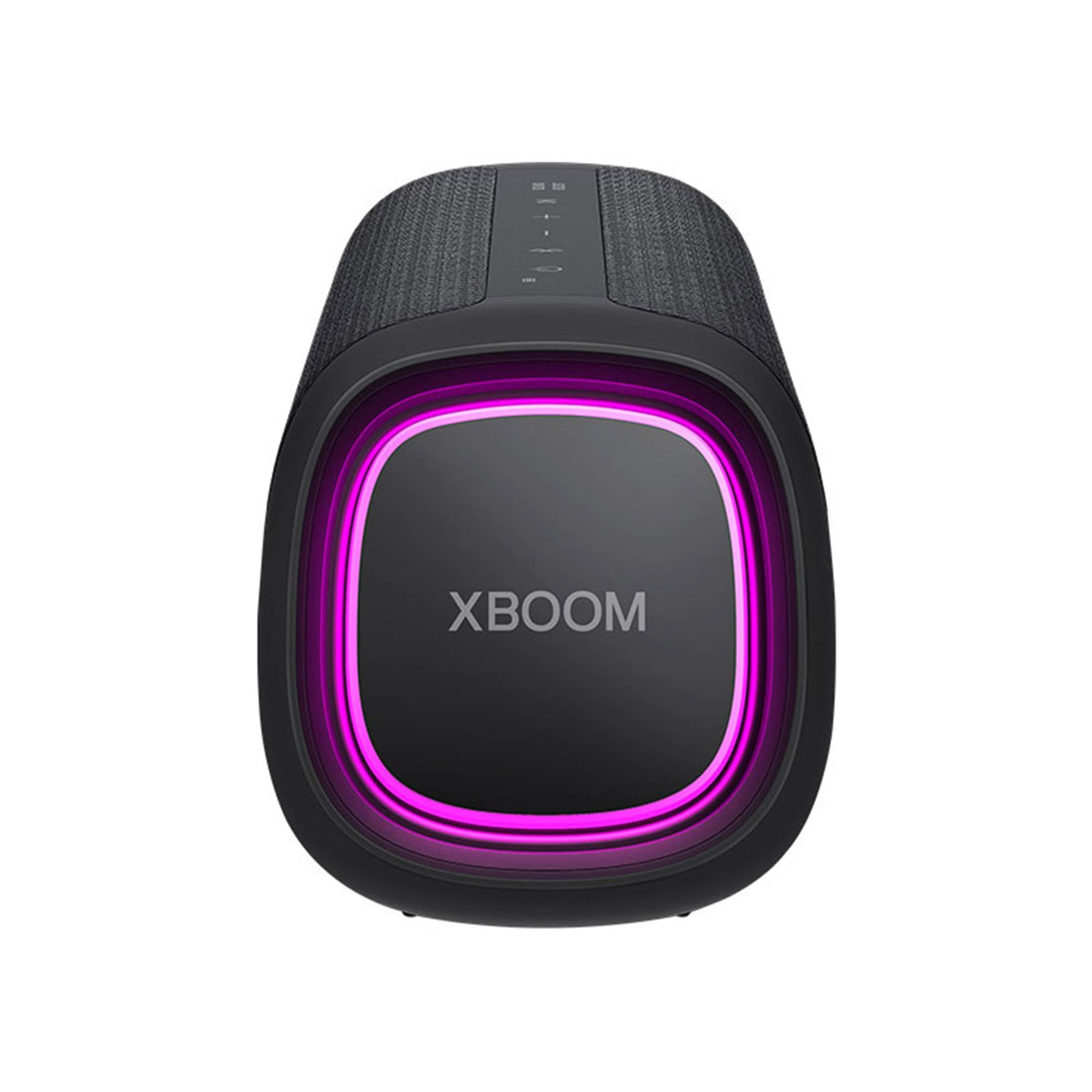 Un altavoz negro con un borde de luz rosa alrededor del frente con la palabra XBOOM en blanco.