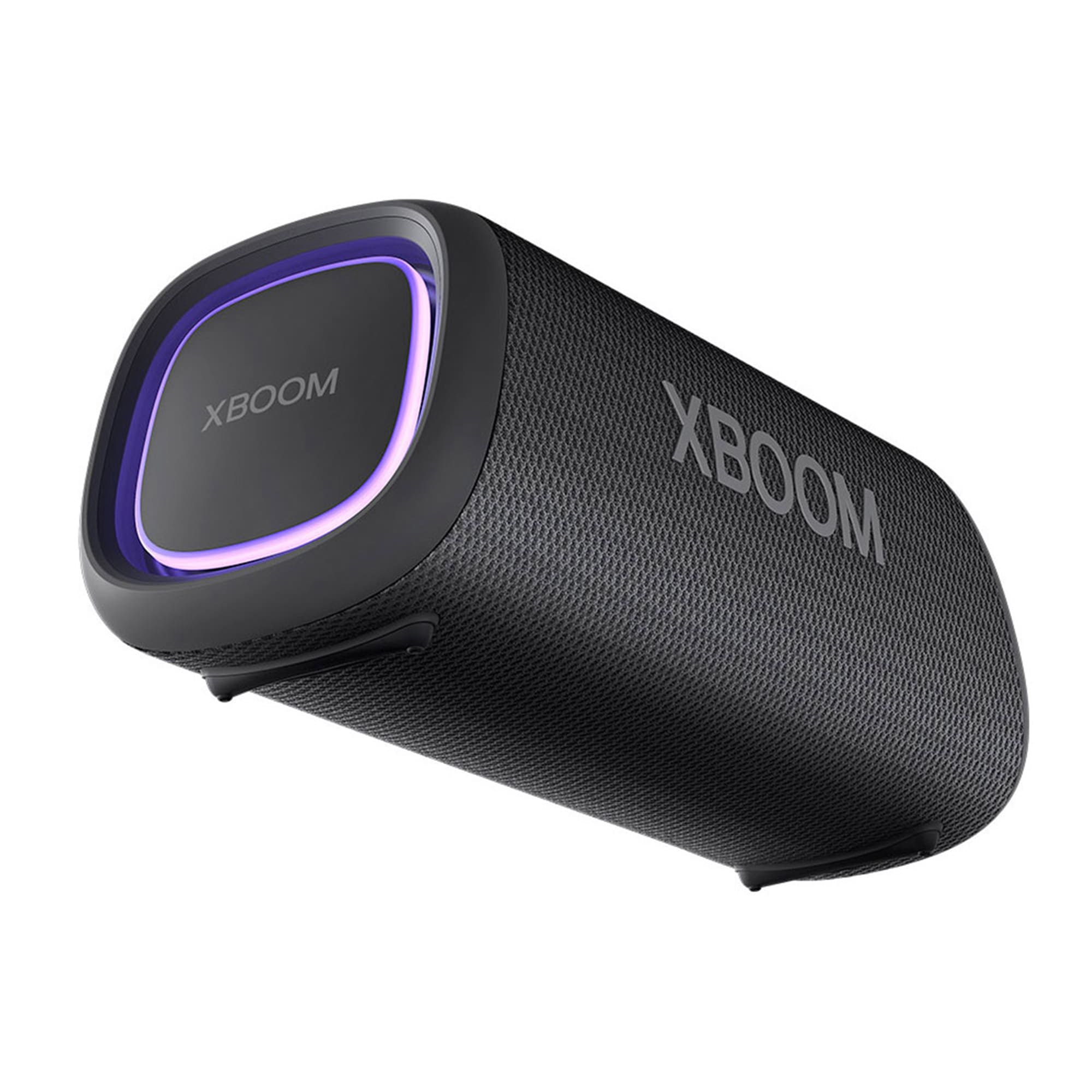 Un altavoz XBOOM negro con una luz púrpura.