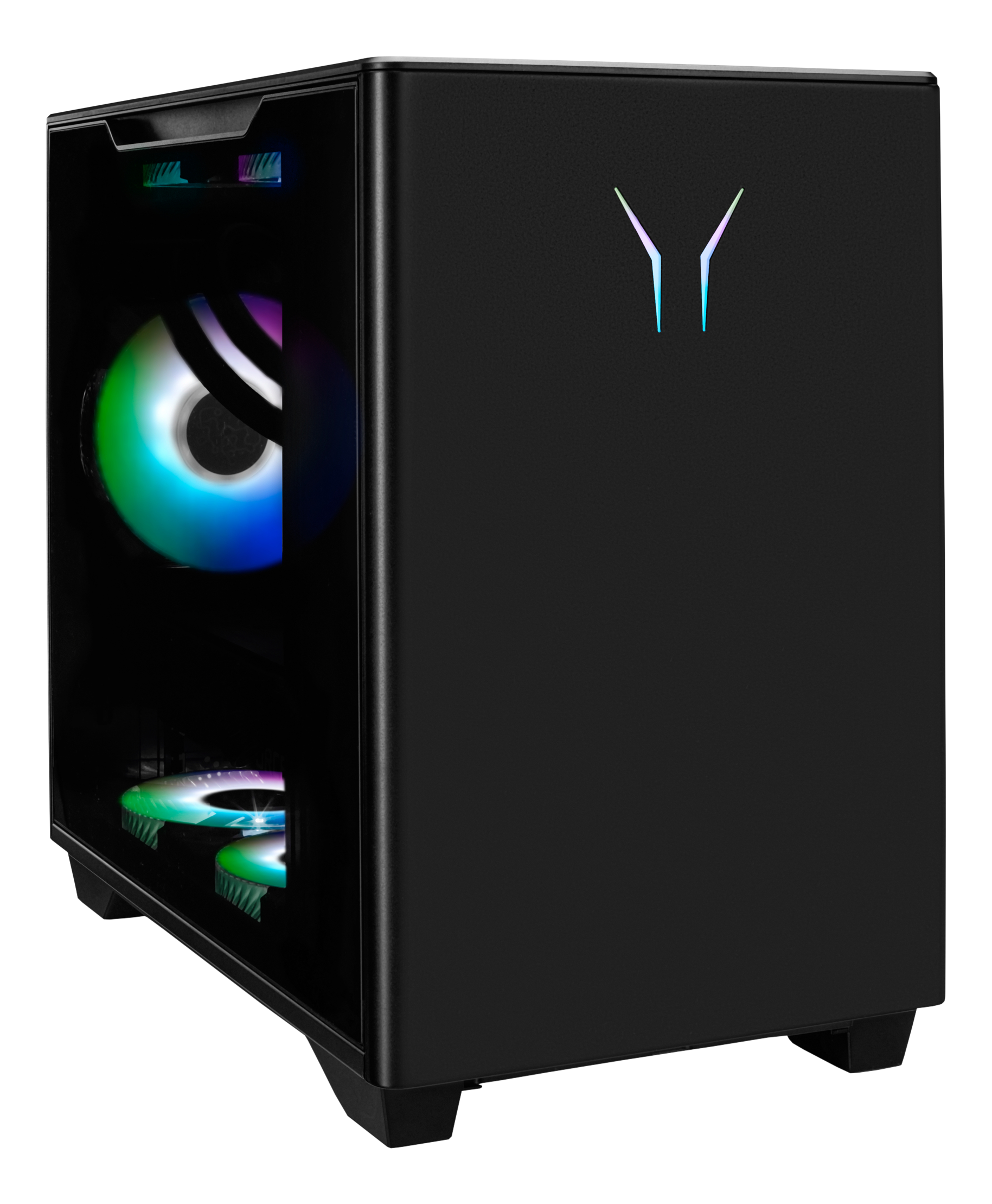 Schwarzes Computergehäuse mit Glasseitenwand. Innen leuchten Lüfter mit bunten Lichtern.