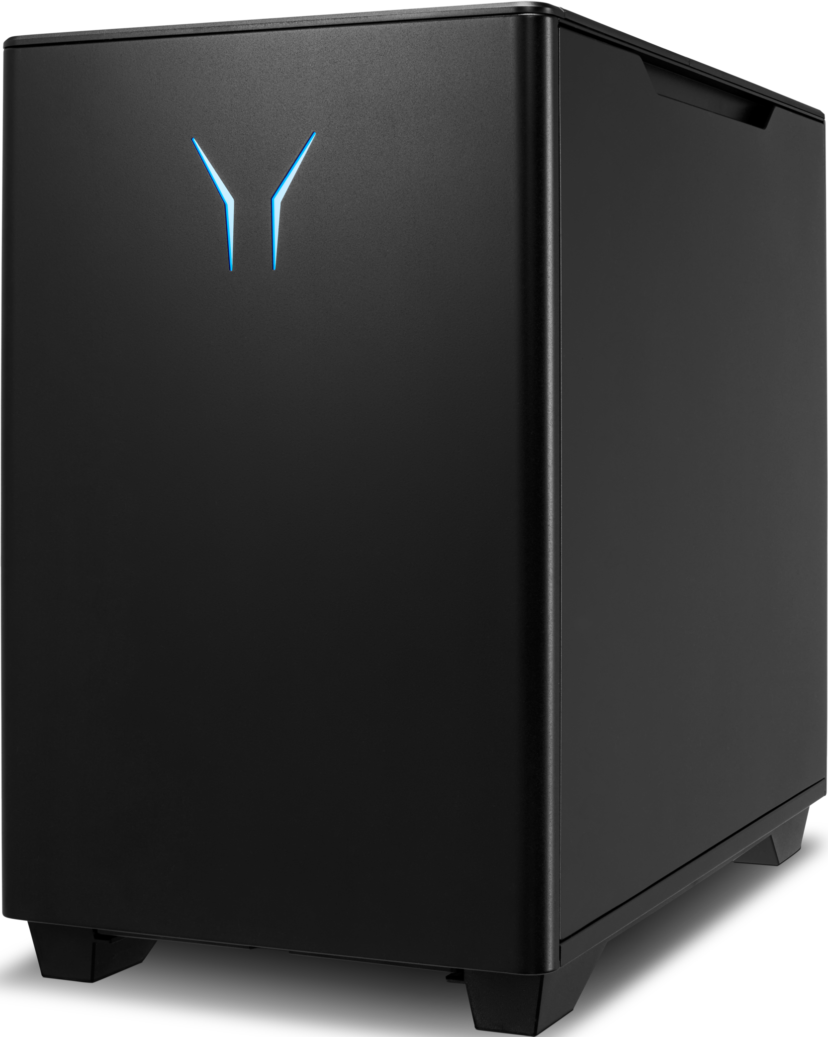 Schwarzes Computergehäuse mit blauen Lichtern. Es hat ein schlankes Design und steht vor weißem Hintergrund.