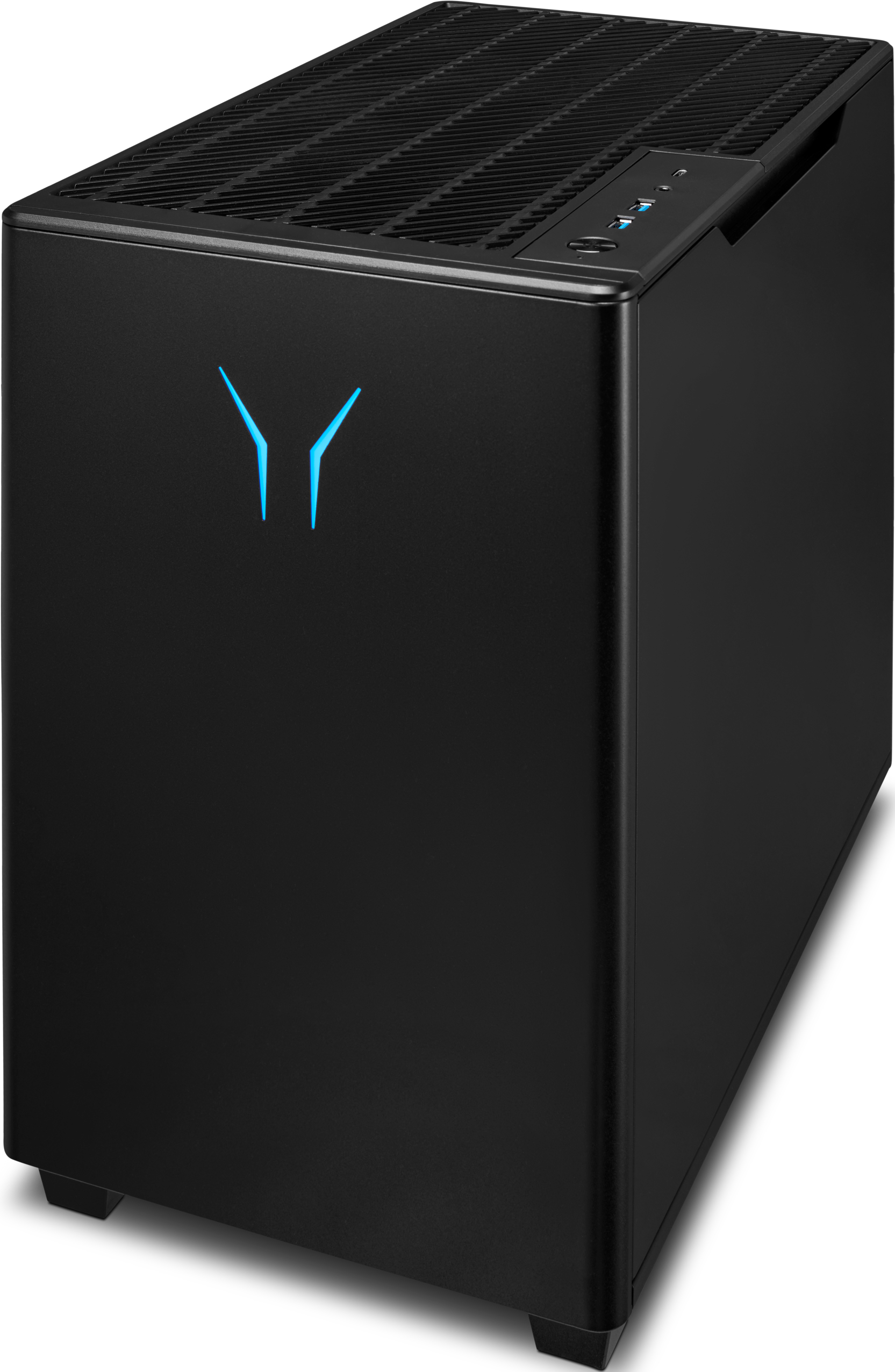 Schwarzes Computergehäuse mit blauem Logo. Die Oberseite hat Lüftungslöcher. Die Front ist glatt und rechteckig.