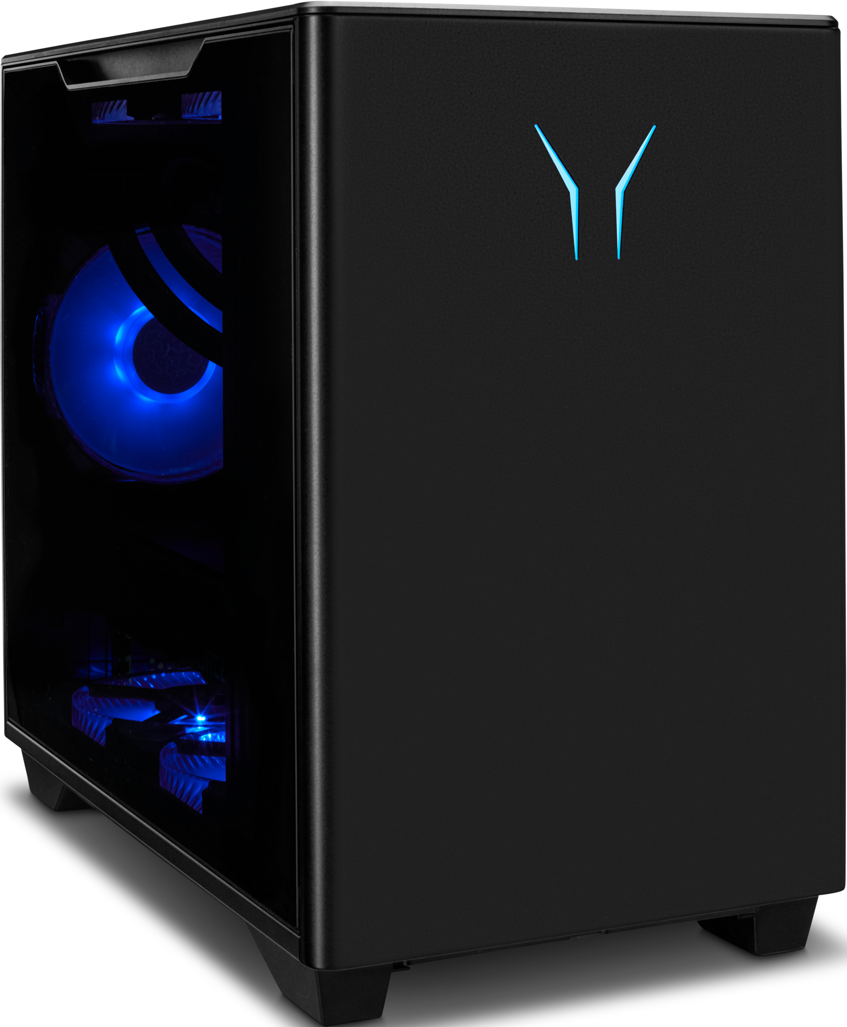Schwarzes Computergehäuse mit blauen Lichtern im Inneren und auf der Frontplatte, das ein Gaming-Setup zeigt.