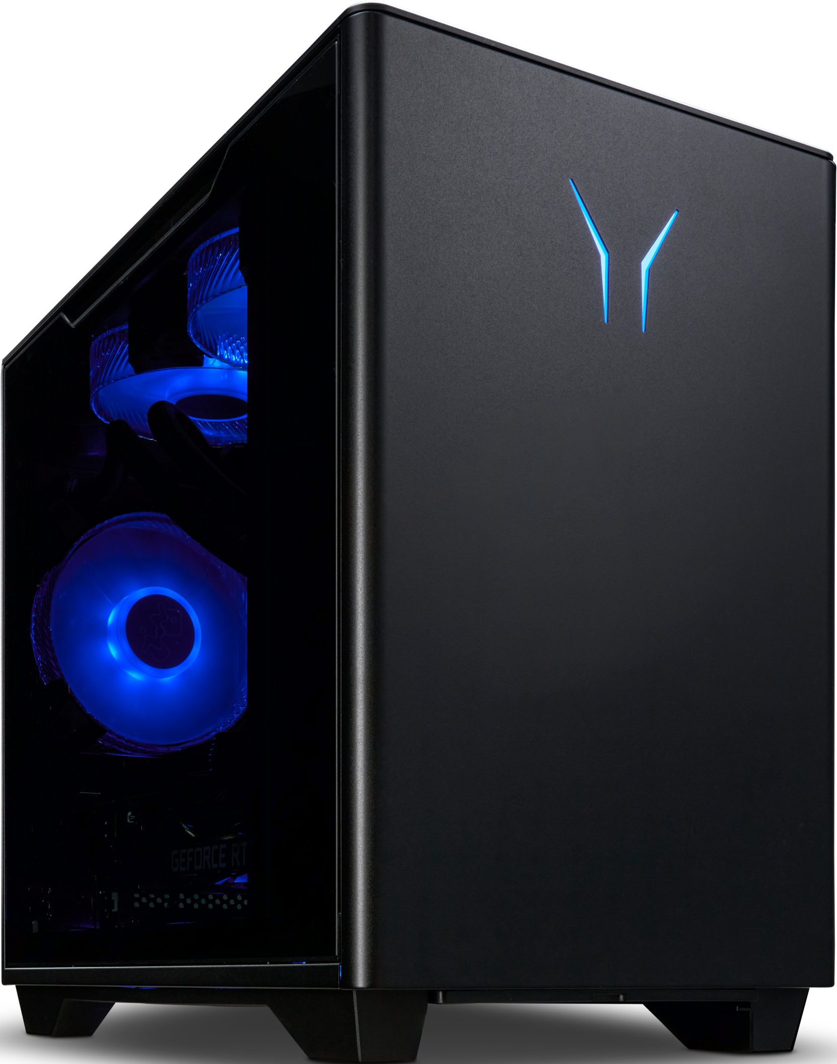 Ein schwarzer Computerturm mit blauen Lichtern im Inneren.
