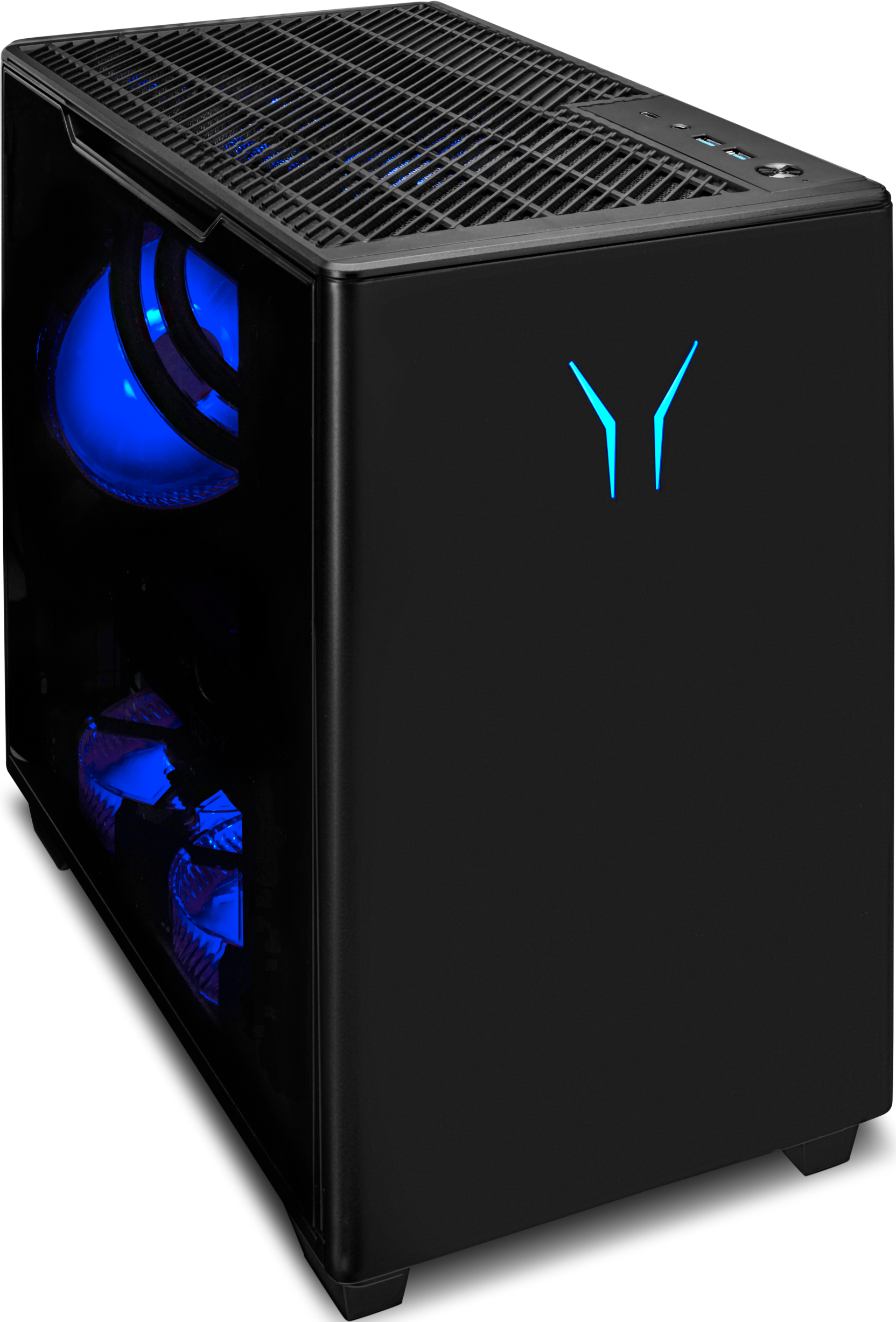 Schwarzes Computergehäuse mit blauer Innenbeleuchtung und einem stilisierten blauen Logo vorne.