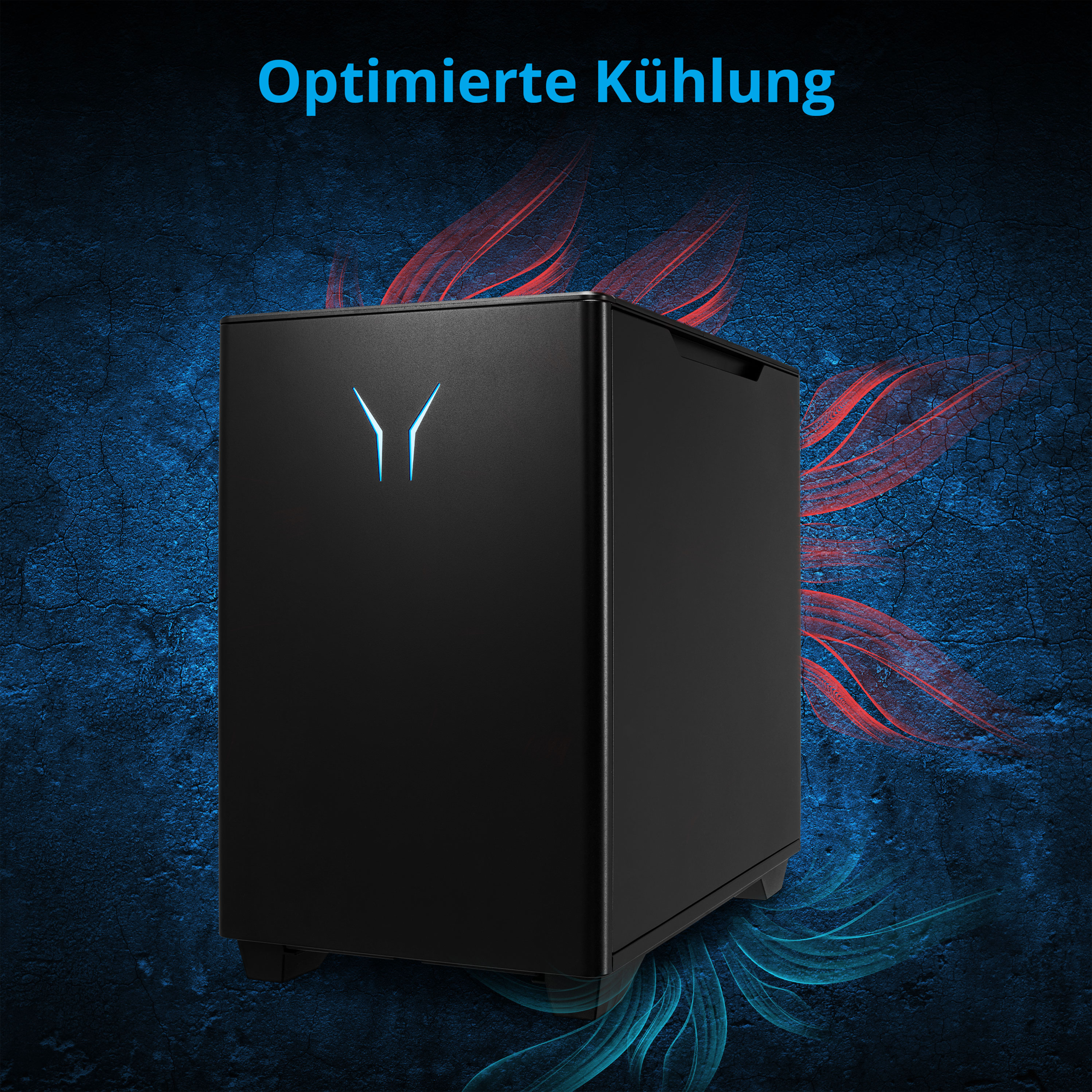 Schwarzes Computergehäuse mit blauem Licht und Text 'Optimierte Kühlung'.