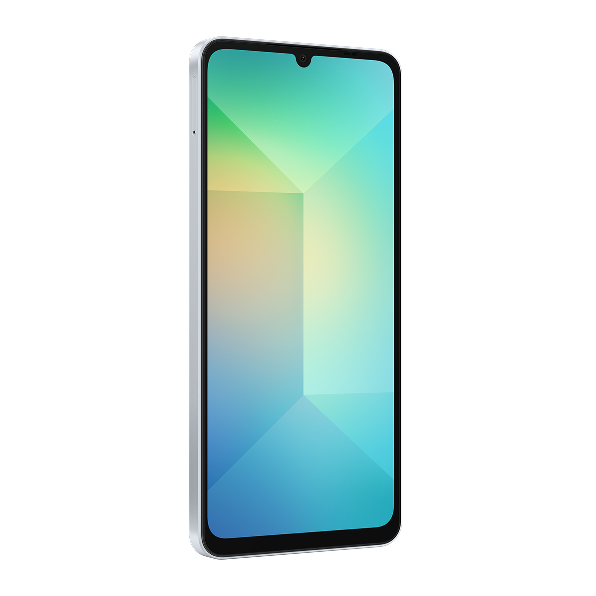 Renkli geometrik bir tasarım gösteren ekranlı beyaz bir akıllı telefon.