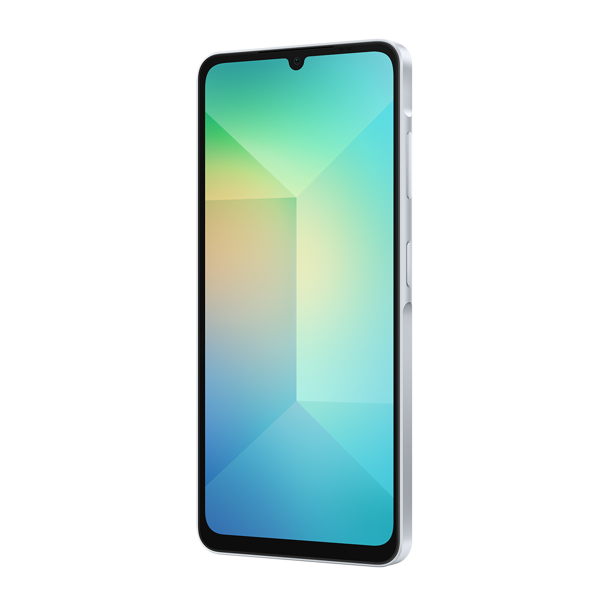 Akıllı telefon, beyaz çerçeve, yeşil ve mavi geometrik ekran, siyah arka plan üzerinde.