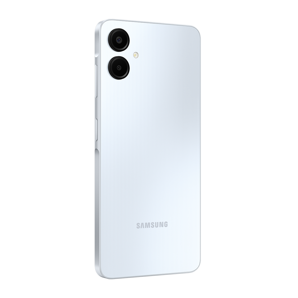 Beyaz bir Samsung telefonun arkadan görünümü, çift kameralı ve altta marka adı.