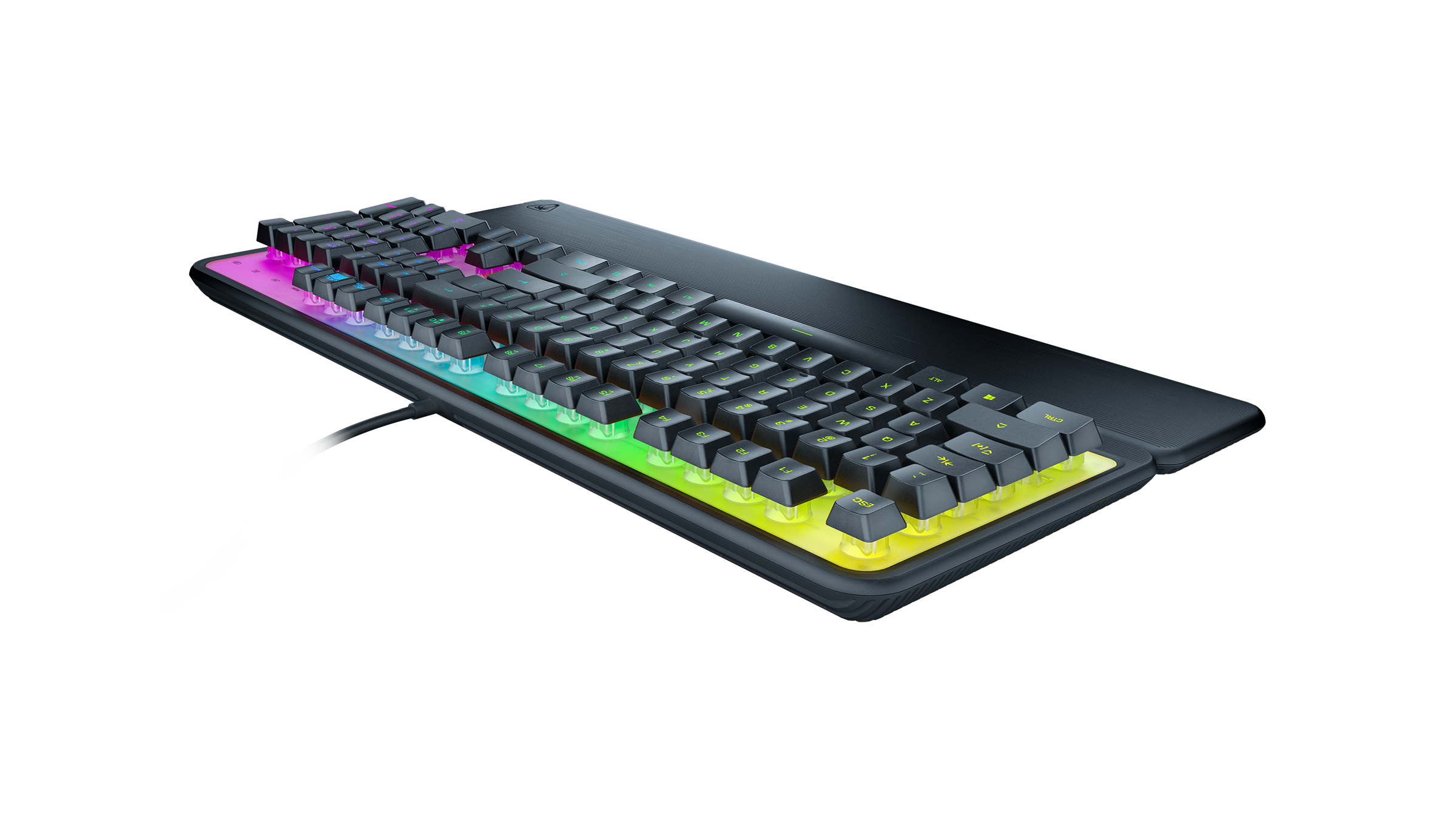 Schwarze Gaming-Tastatur mit RGB-Beleuchtung und Kabel. Tasten sind schwarz.