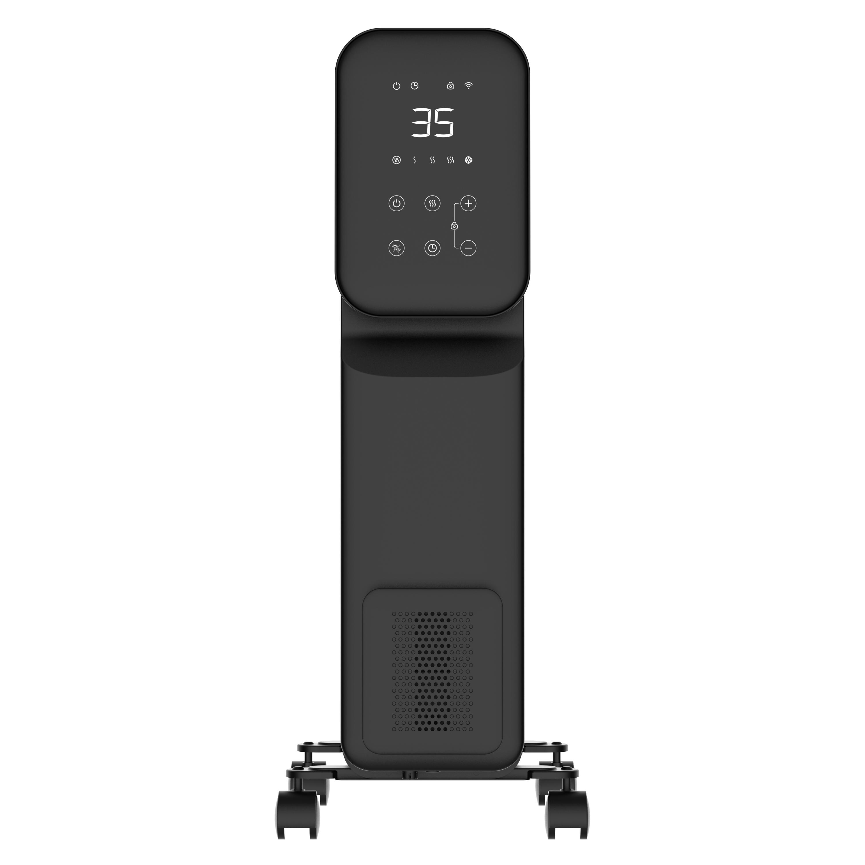 Schwarze elektrische Heizung auf rollender Basis mit Display und Knöpfen.