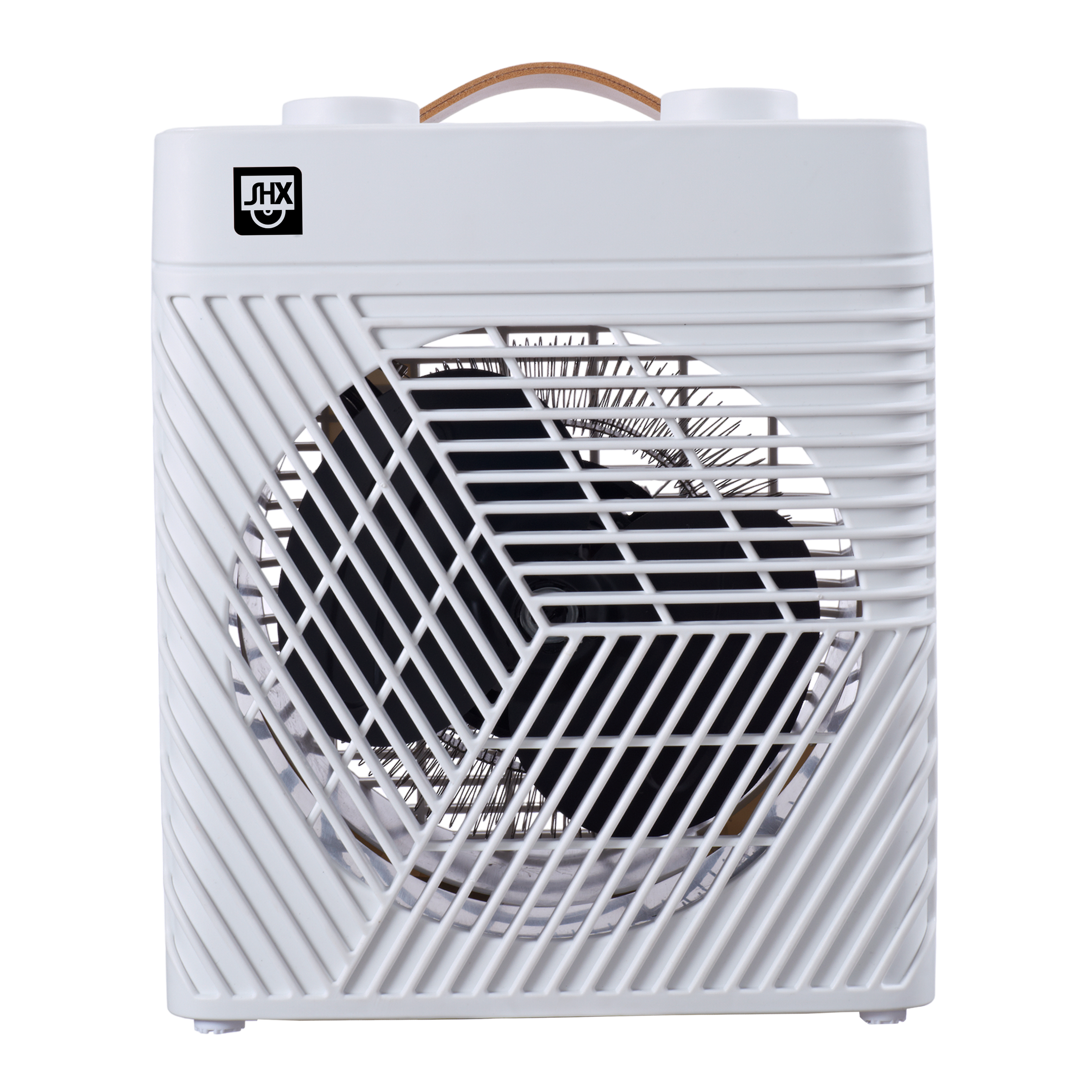 Weißer JHX-Ventilator mit Griff und schwarzem Gitter.