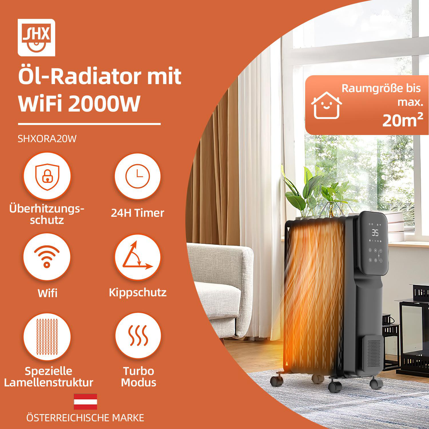 Ein ölgefüllter Heizkörper mit Timer und Raum im Hintergrund.