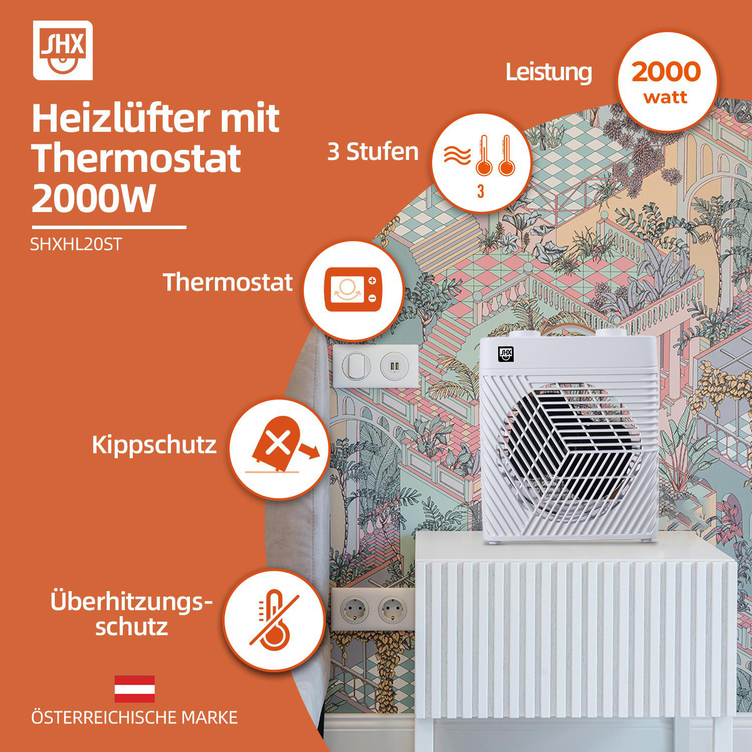 Weißer Elektroheizer mit Thermostat und Sicherheitsmerkmalen, mit einem orangen Hintergrund.