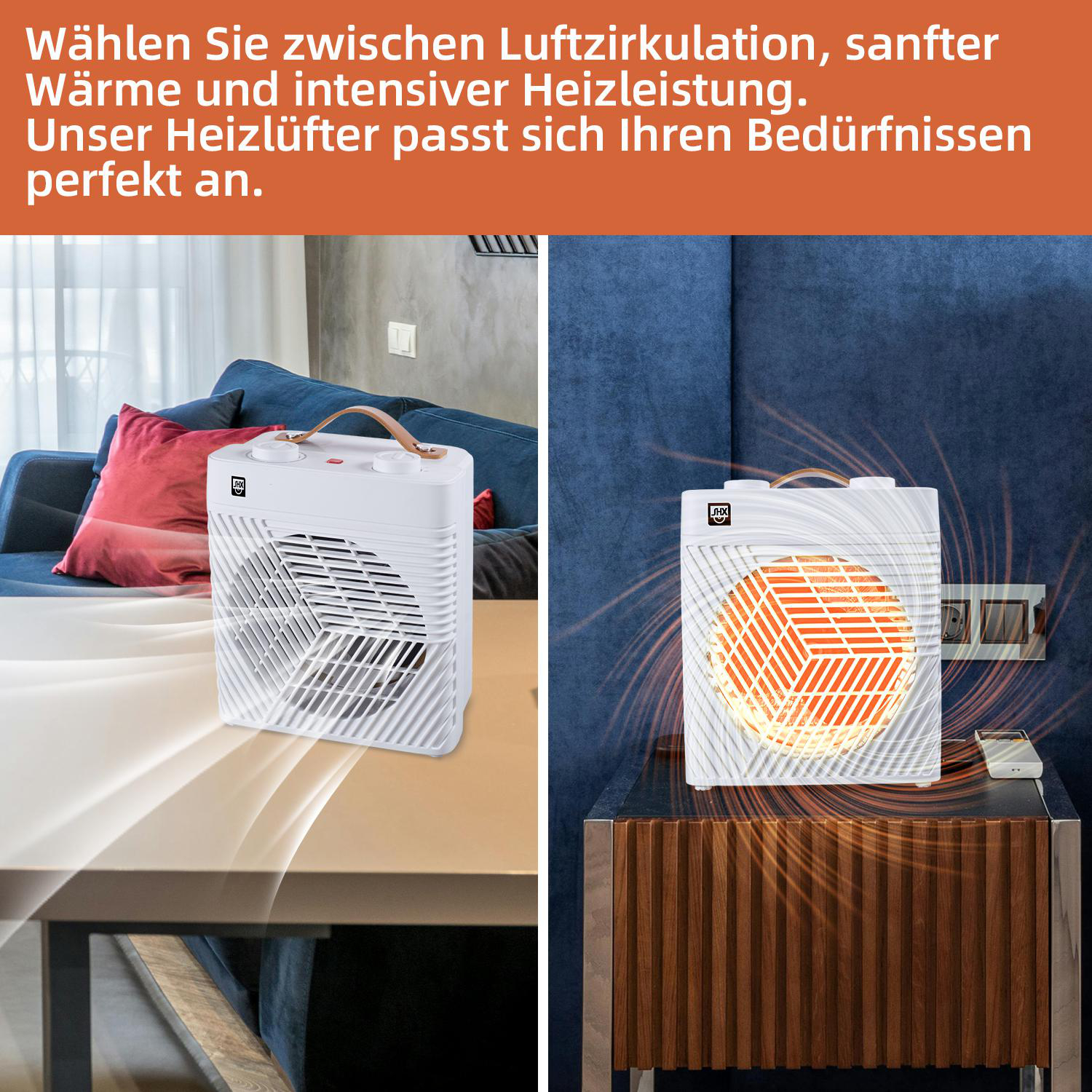 Zwei Bilder eines weißen Elektroheizers. Einer auf einem Tisch und der andere auf einem Nachttisch.