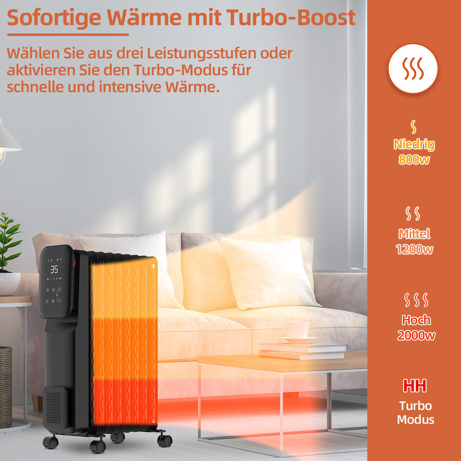 Schwarzer Heizlüfter mit orangefarbenem Glühen, Bedienelementen und Symbolen. Text über Turbo Boost.