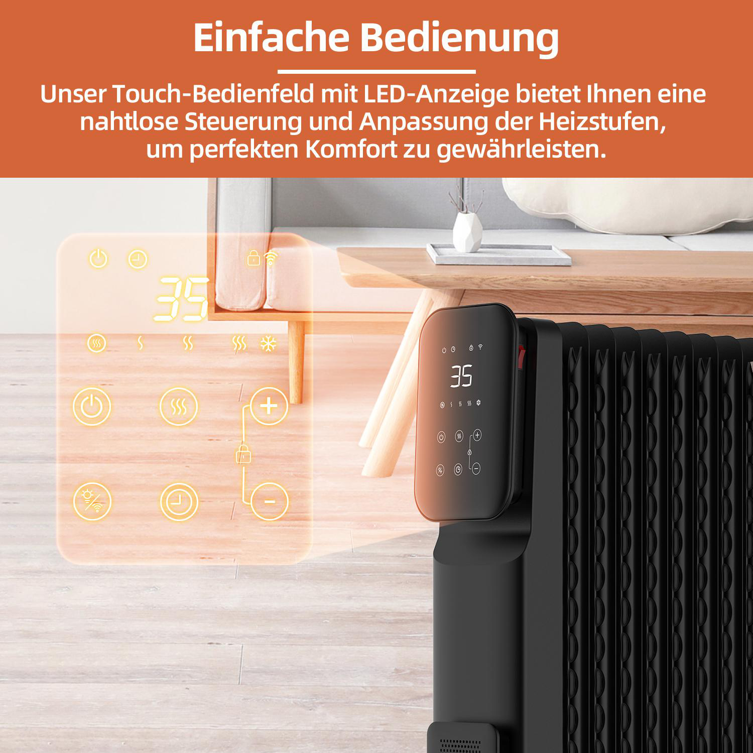 Ein schwarzer Heizkörper mit digitaler Anzeige und Bedientasten. Der Text ist auf Deutsch.