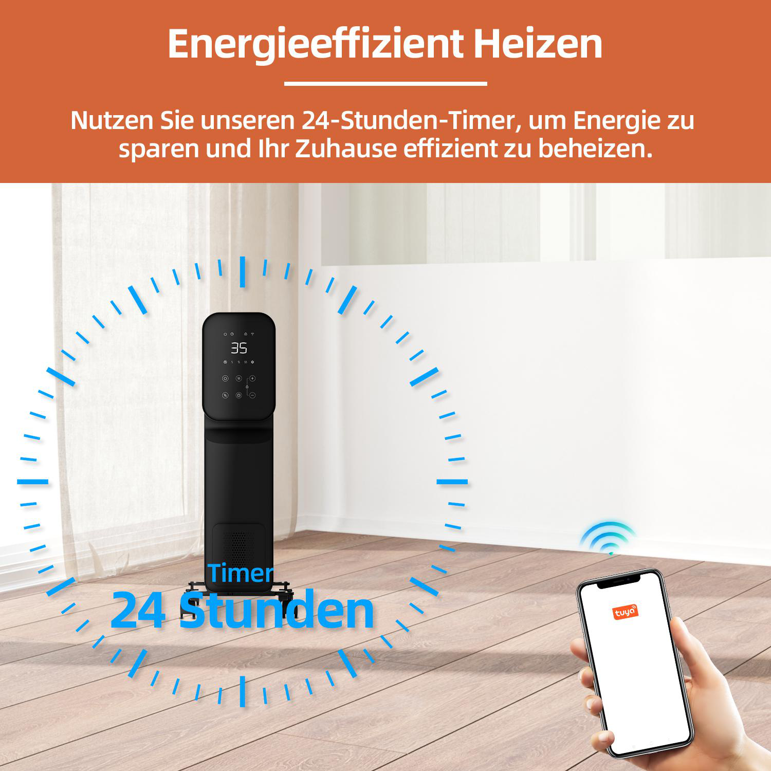 Schwarzer Heizlüfter mit Timer und Smartphone mit Tuya-App. Blaues Zeitrad um den Heizlüfter. Text: '24 Stunden'.