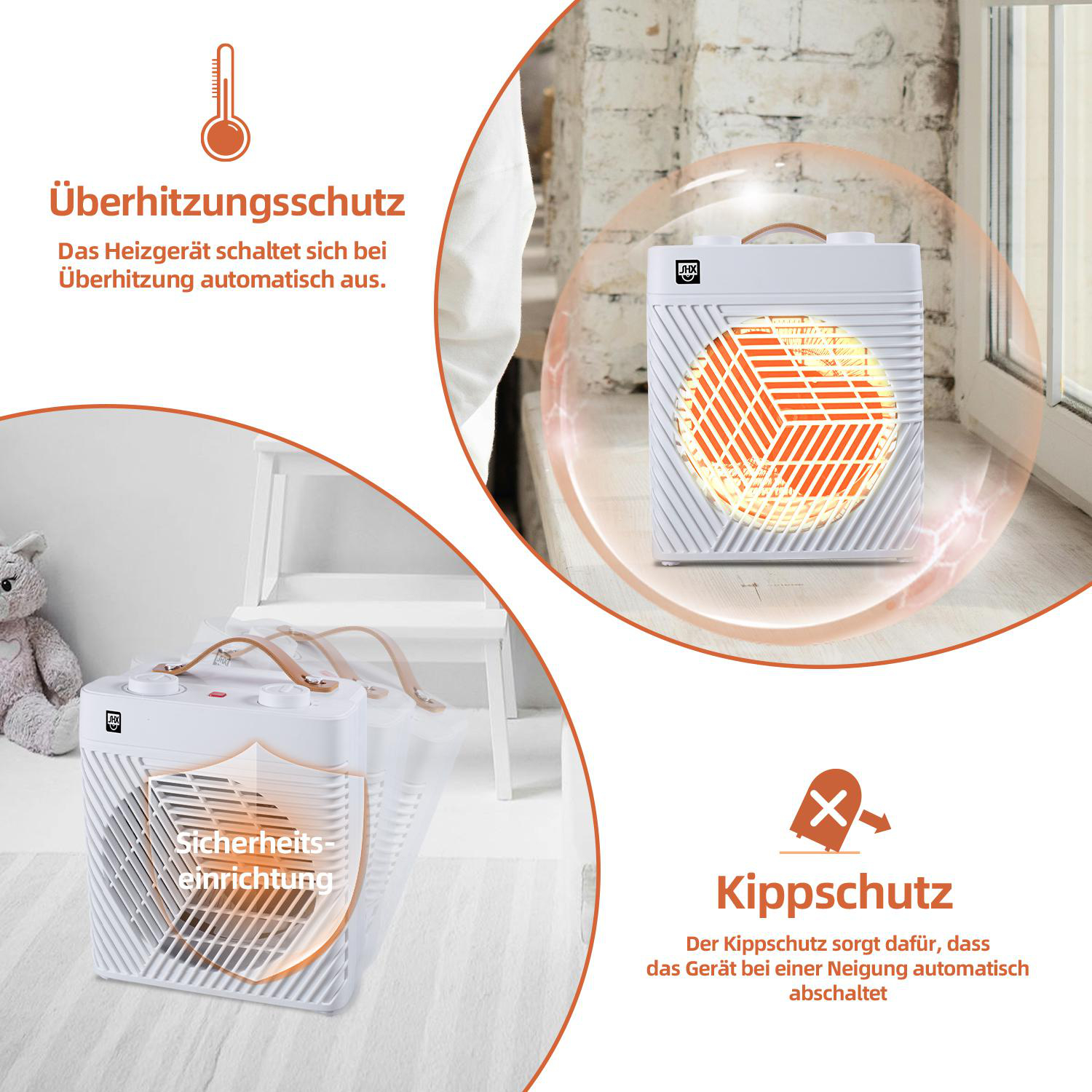 Ein weißes Heizgerät mit Sicherheitsmerkmalen, neben einem Fenster.