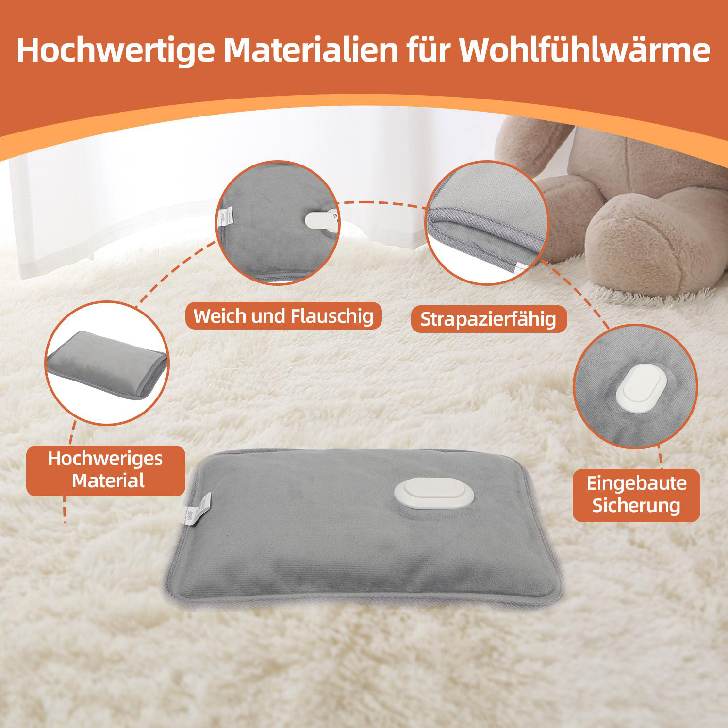 Ein graues Heizkissen mit Diagrammen seiner Eigenschaften.