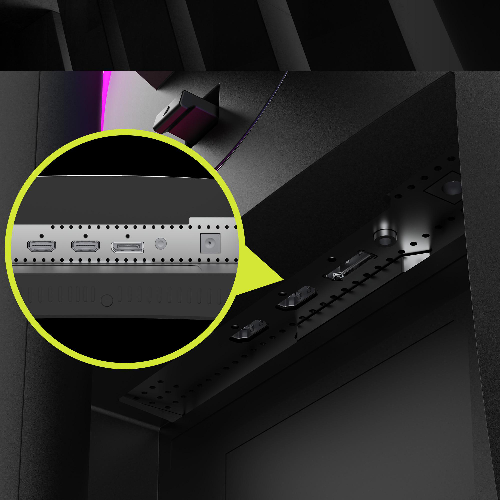 Nahaufnahme der Rückseite eines Monitors mit Anschlüssen: HDMI, USB und andere. Eine detaillierte Ansicht des Anschlussfelds.