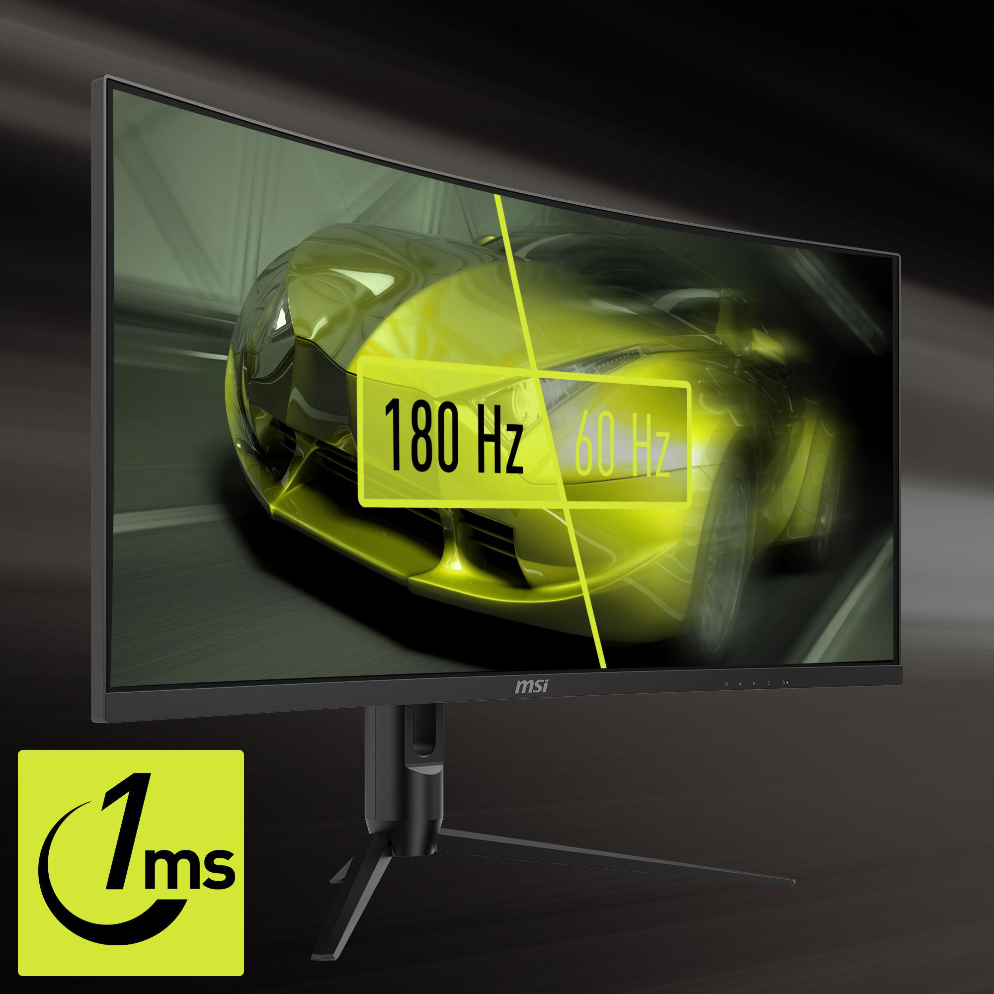 Gebogener Gaming-Monitor, der ein Autorennen-Spiel anzeigt. Zeigt 180 Hz und 60 Hz.