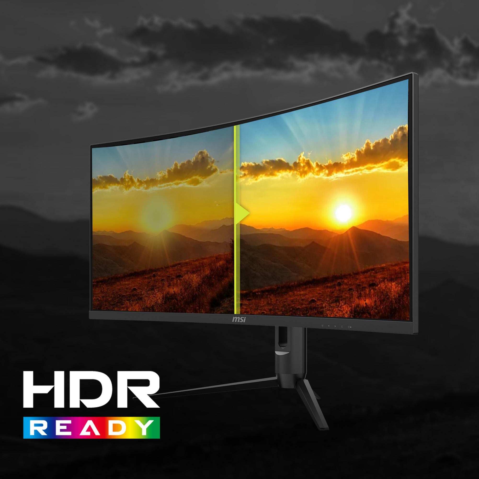 Ein gekrümmter MSI-Monitor, der eine Sonnenuntergangsszene anzeigt. Der Monitor steht auf einem Ständer.