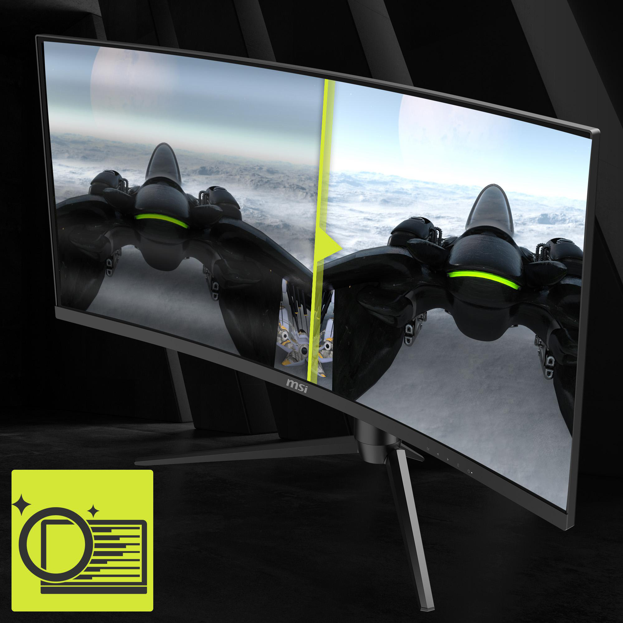 Gebogener MSI-Monitor, der eine Weltraumszene zeigt, mit einem grünen Quadrat und Logo unten links.