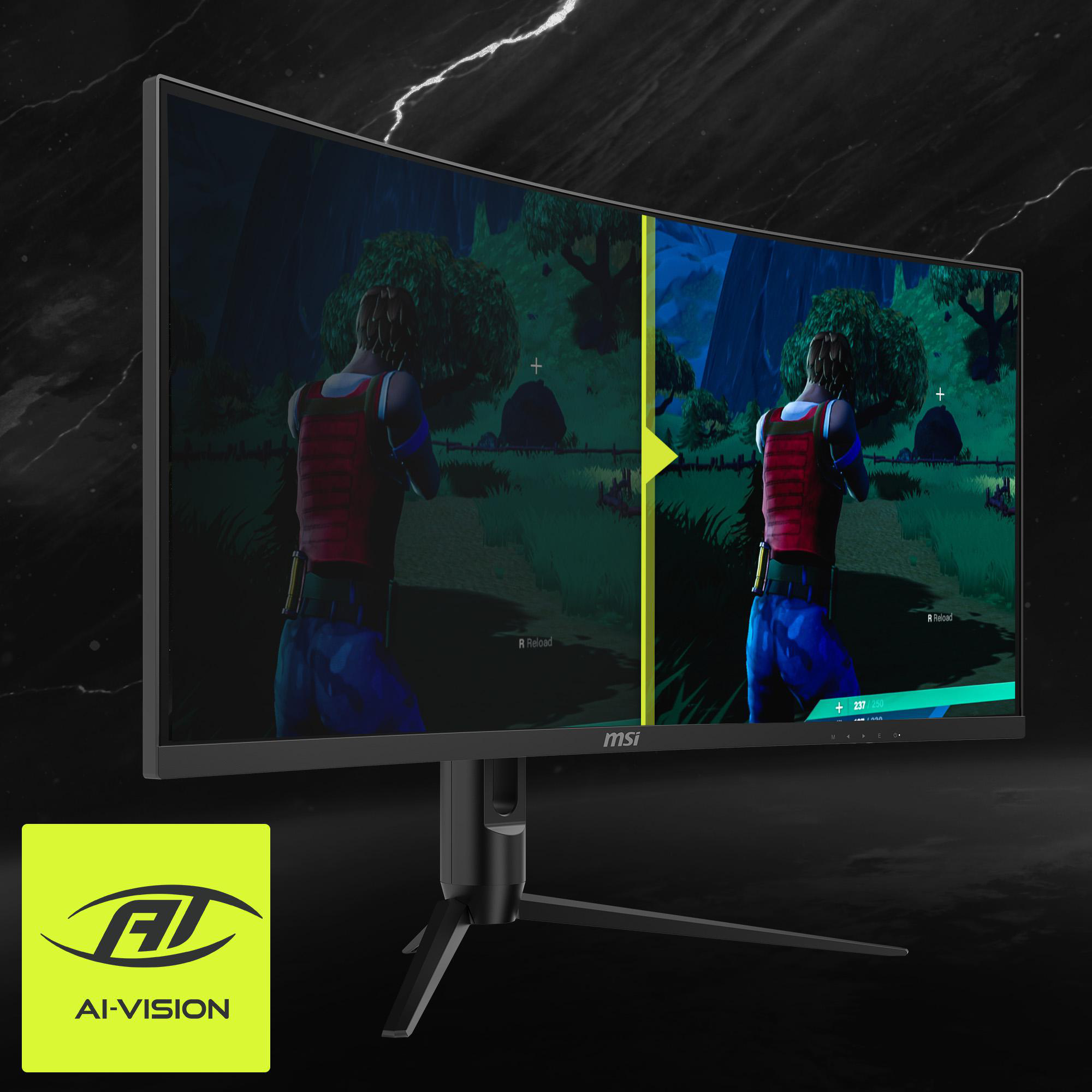 Gebogener Monitor mit Spielszene, mit AI-VISION-Logo.