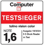 Ein rechteckiges weiß-rotes Schild mit dem Text „TESTSIEGER“ und „tolino vision color“.