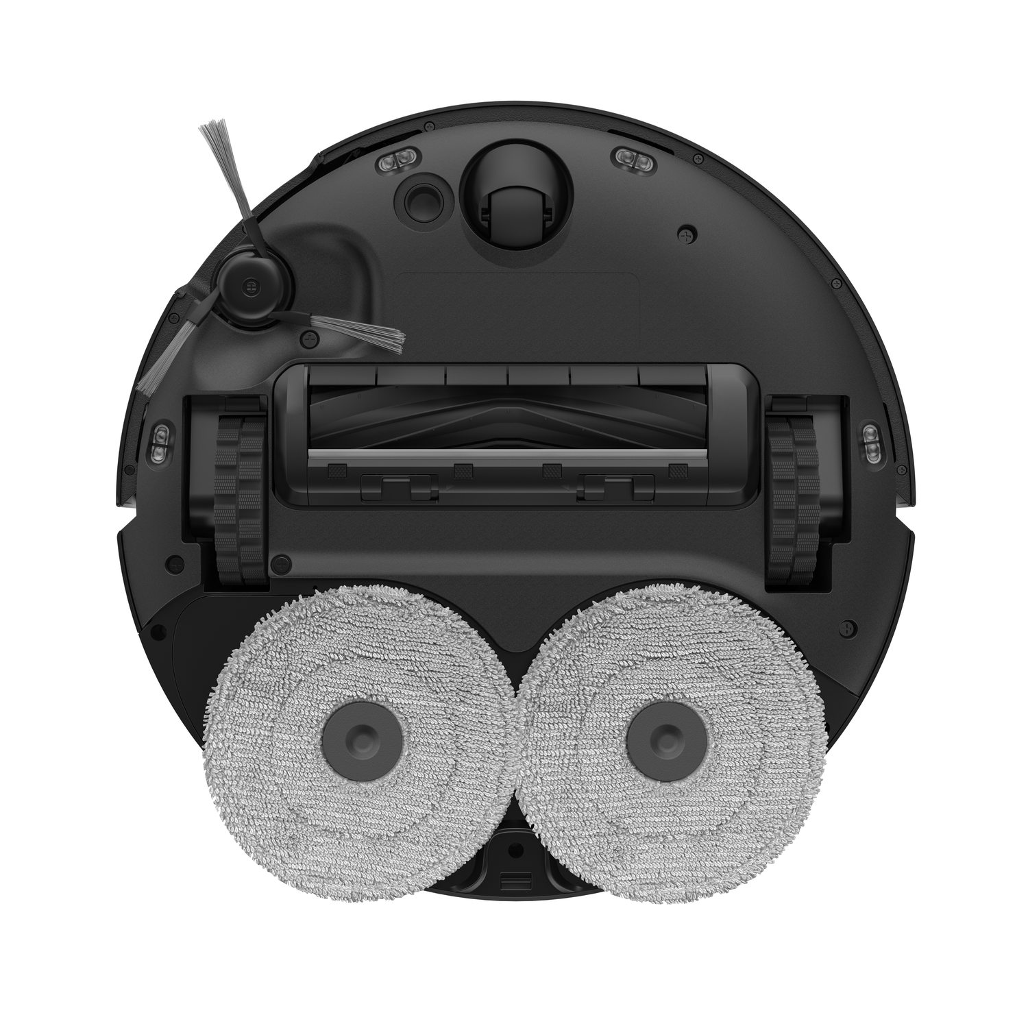 Zwarte robotstofzuiger, onderaanzicht. Inclusief twee dweilmops en borstels.