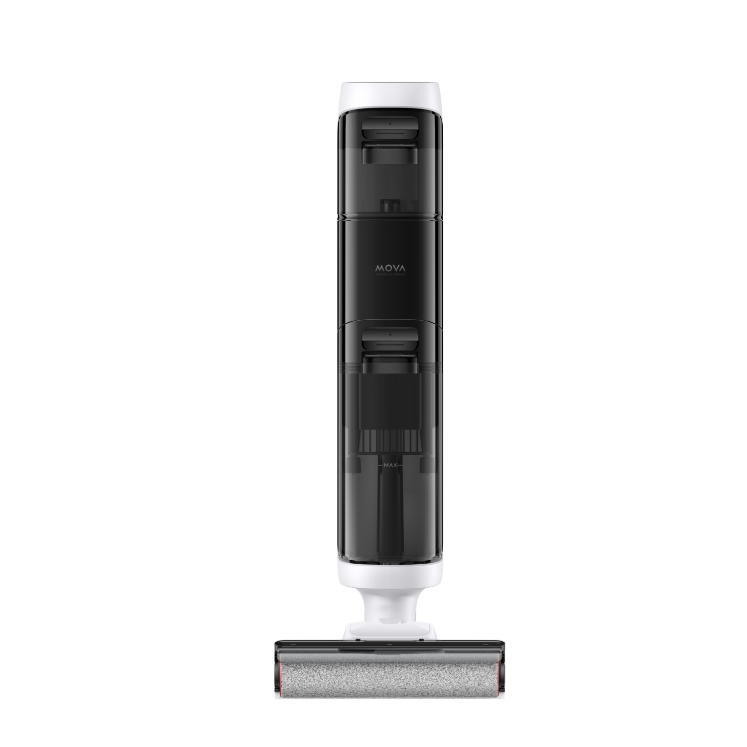 Black and white cleaning device with a roller brush at the bottom. Minimalist design.
