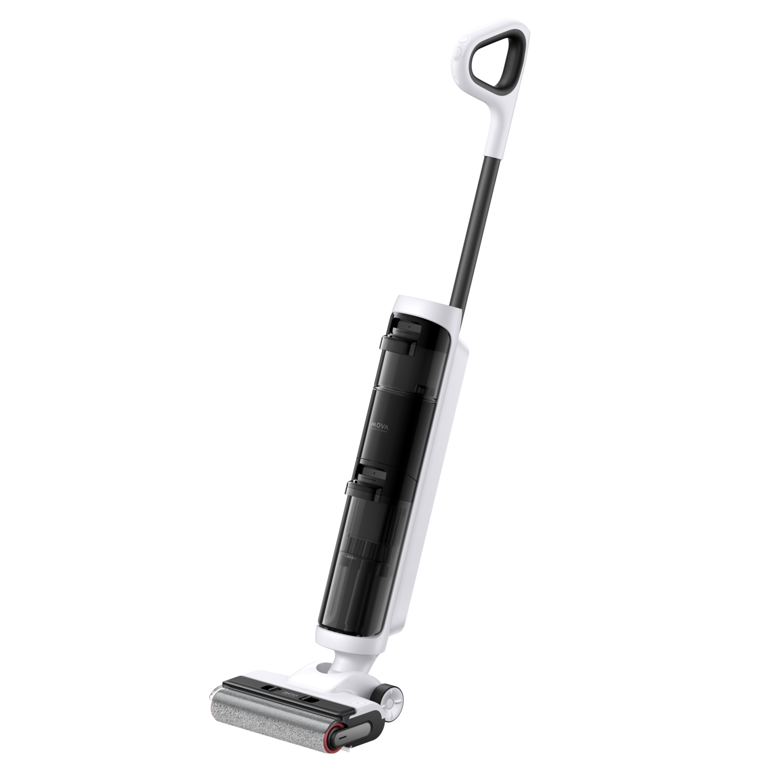 A white and black cordless stick vacuum cleaner. It has a handle, a dustbin and a roller brush at the base.