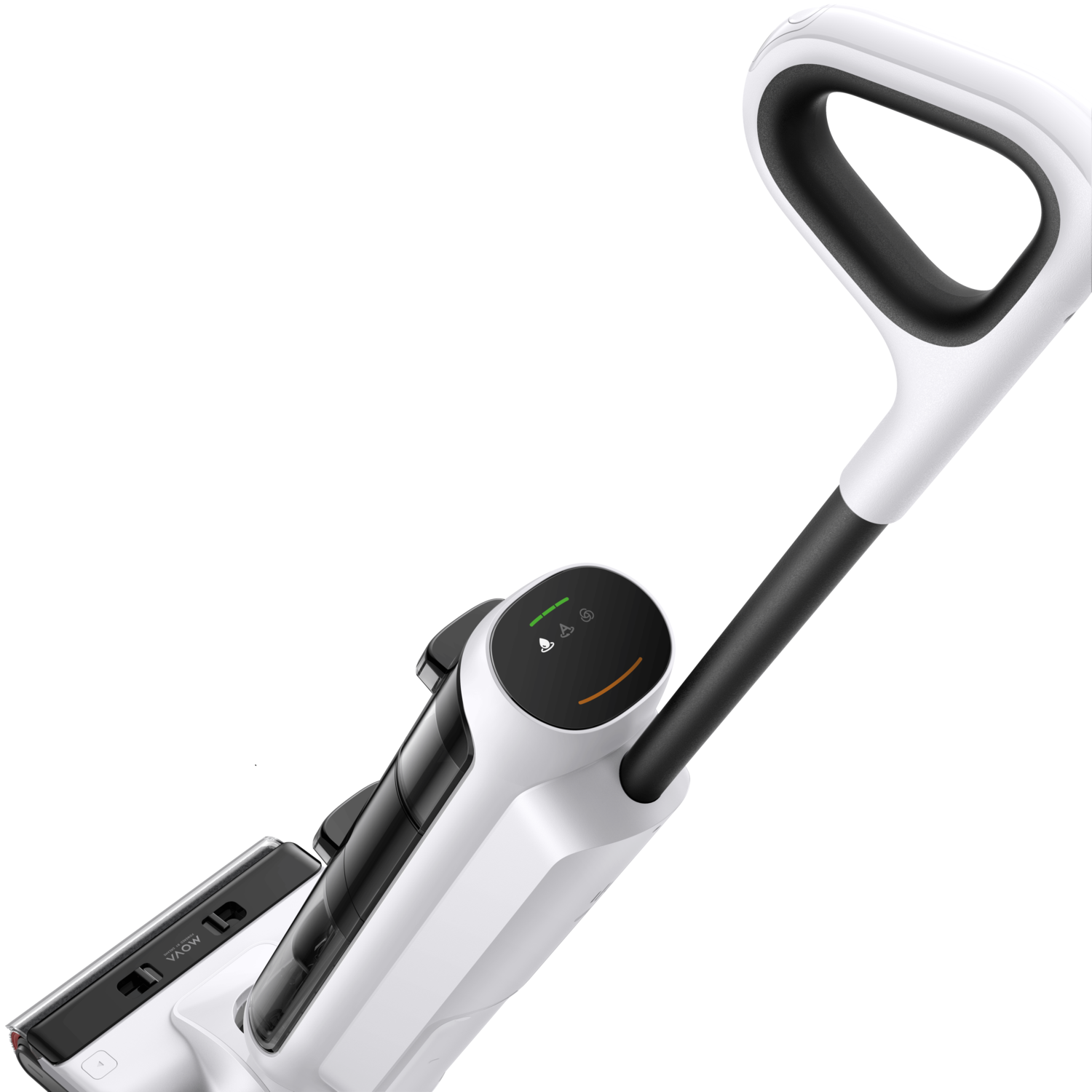 A white and black cordless vacuum cleaner. The handle is raised, showing the control panel.