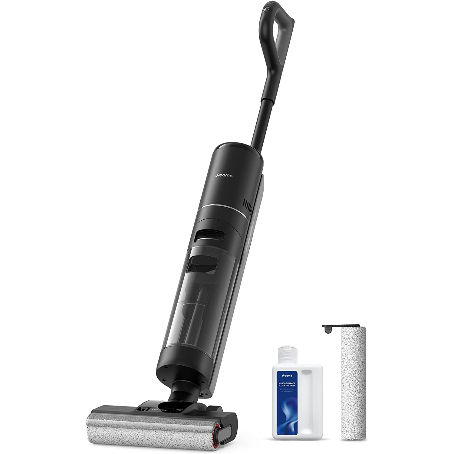Black and gray cordless wet/dry vacuum cleaner with accessories and a bottle of cleaning solution.