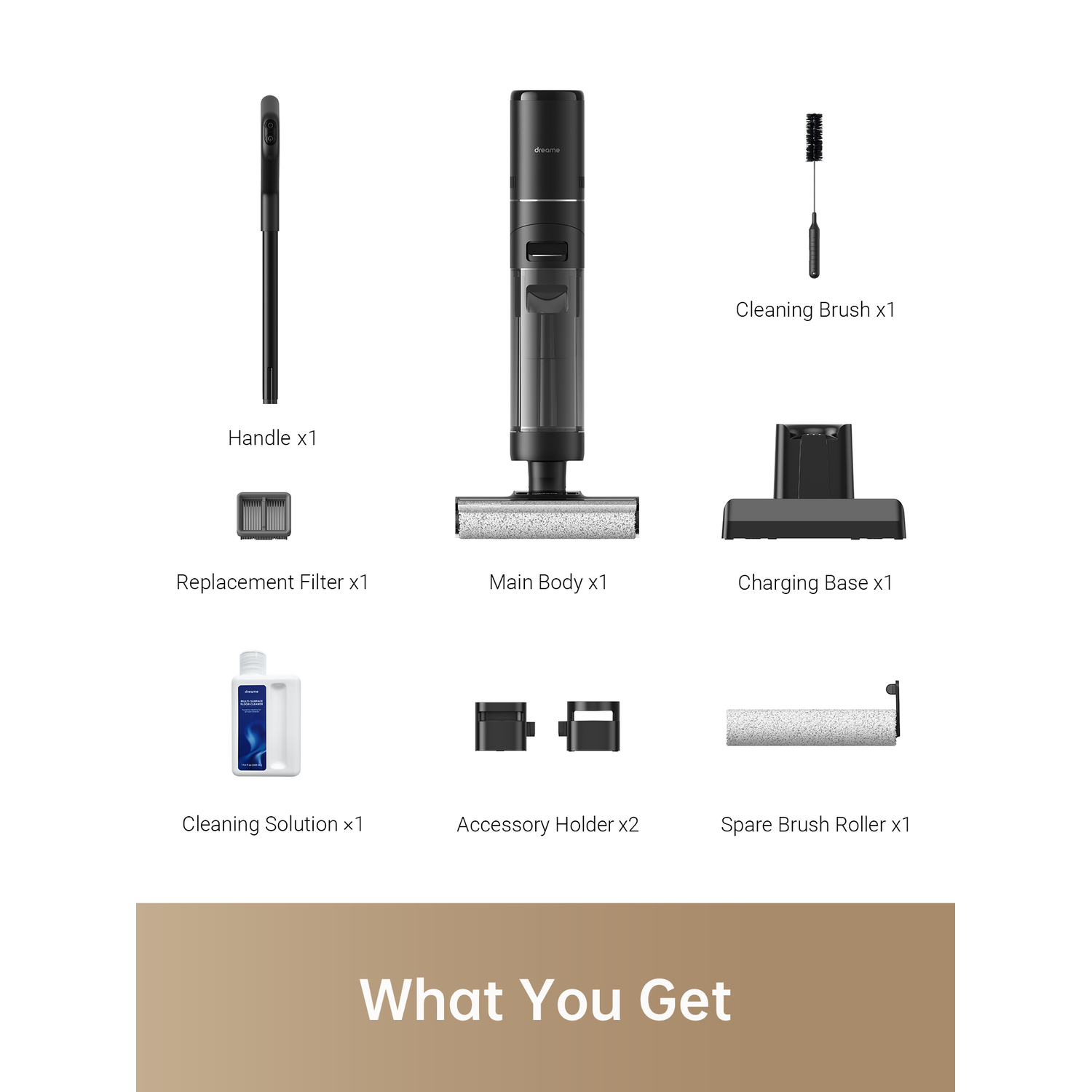 Vacuum cleaner parts laid out on a white surface, including a handle, filter, and cleaning brush.