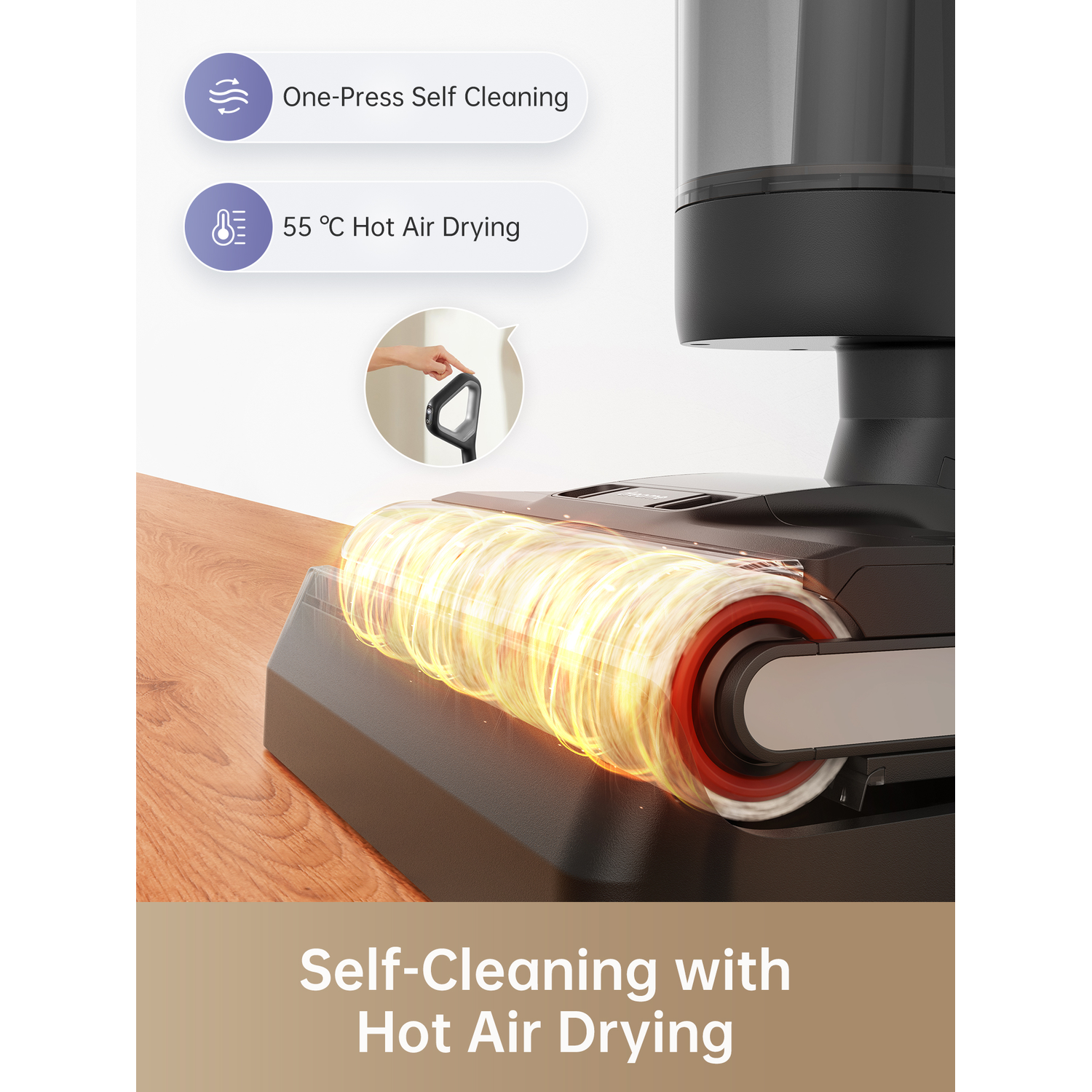 A self-cleaning vacuum cleaner roller with hot air drying.
