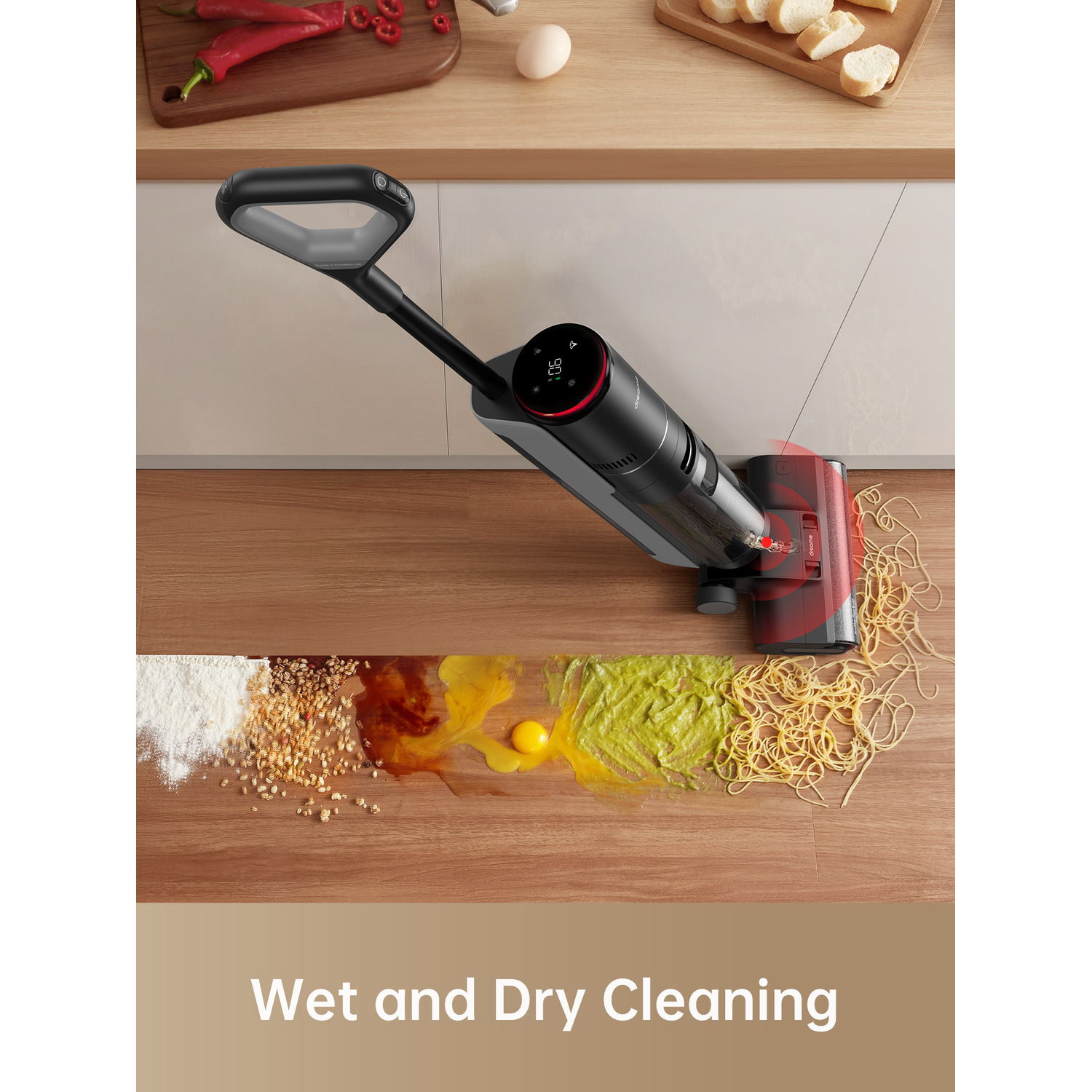 A food item wet and dry cleaning on a wooden surface.