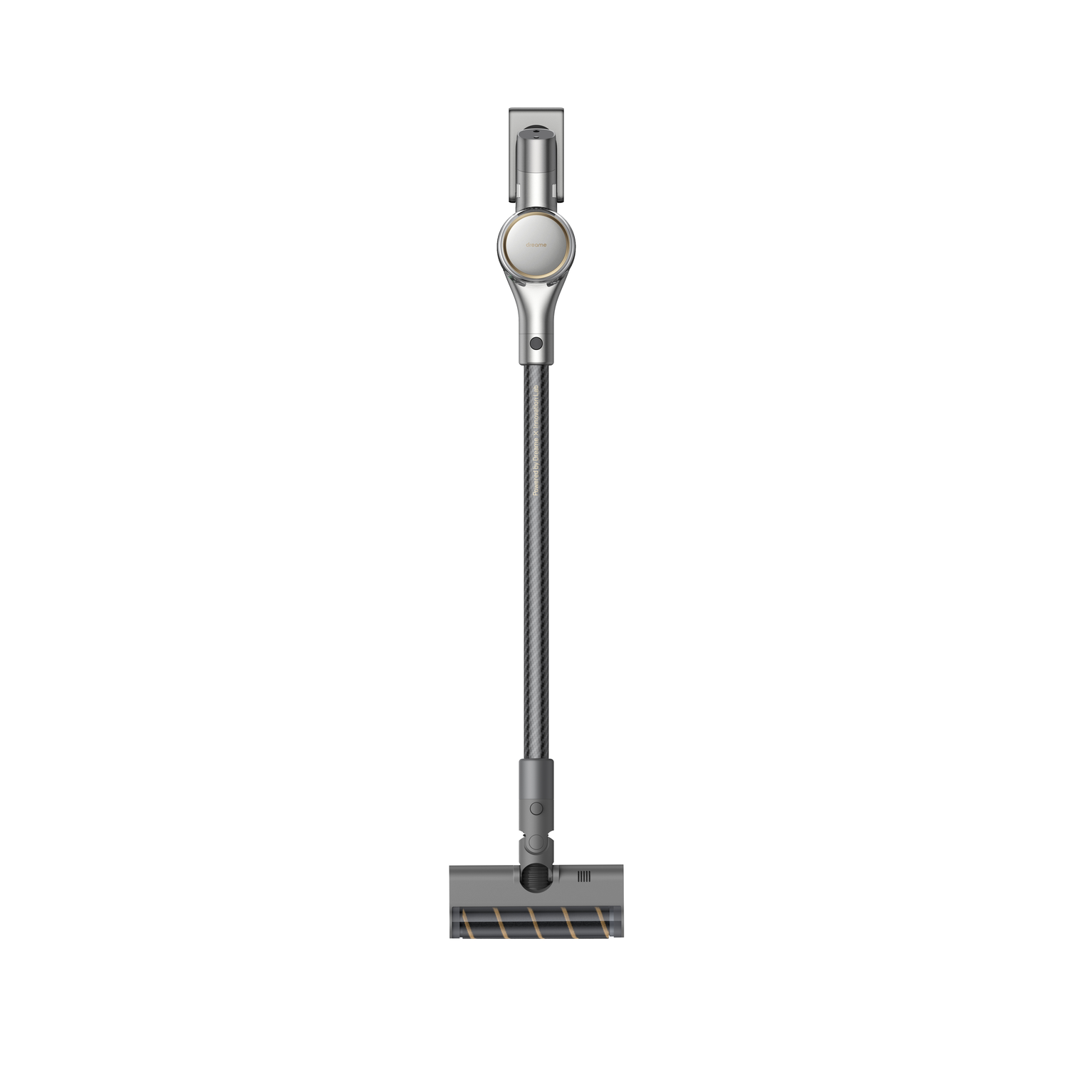 Silver and gray vacuum cleaner, upright design, standing against a white backdrop.