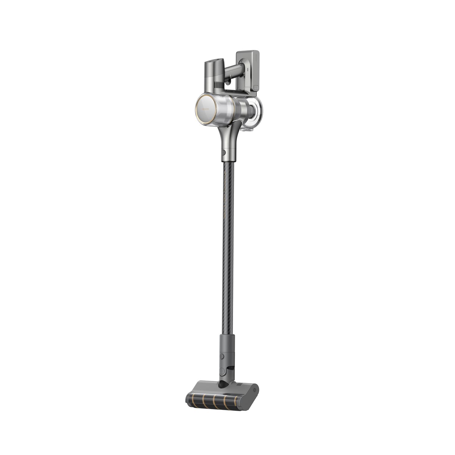 Silver and grey cordless vacuum cleaner, standing upright.